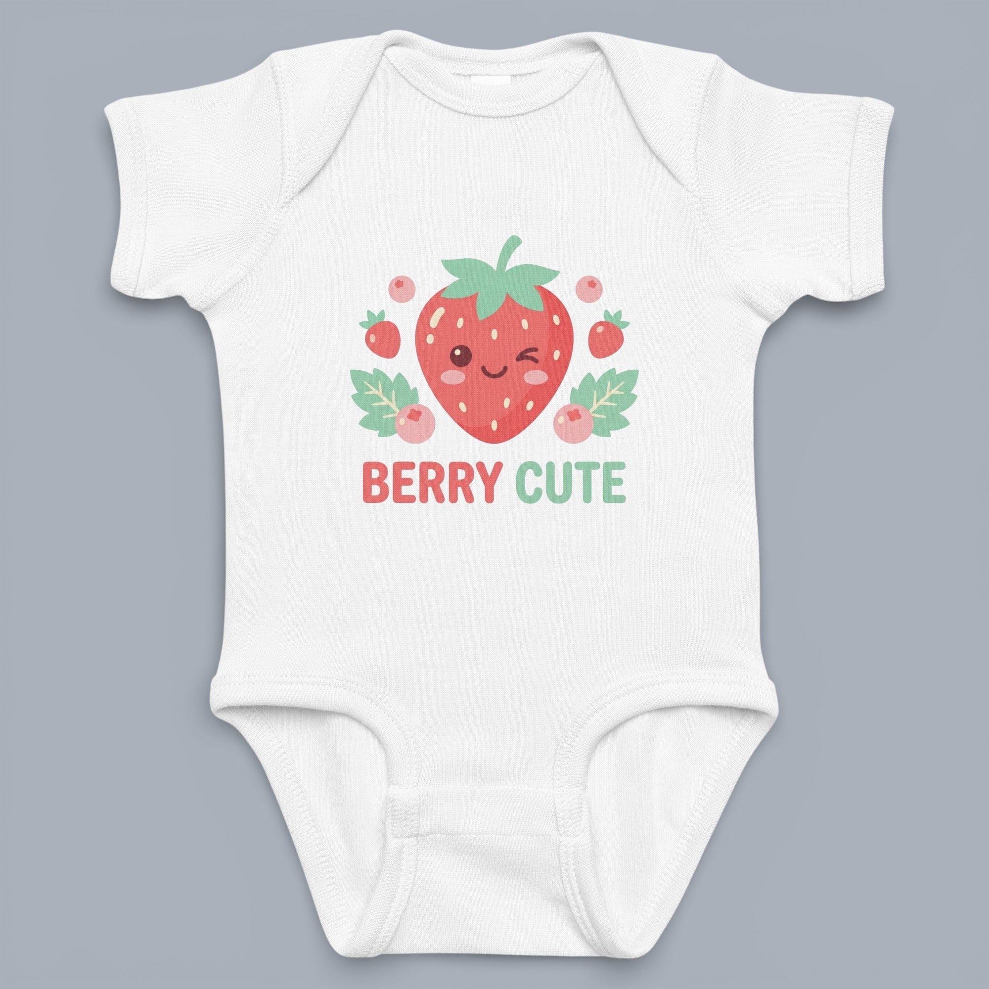 Coocosh Onesie featuring a charming strawberry design with the words 'BERRY CUTE', made from soft, comfortable fabric, white, perfect for baby's delicate skin. Front view. Period.