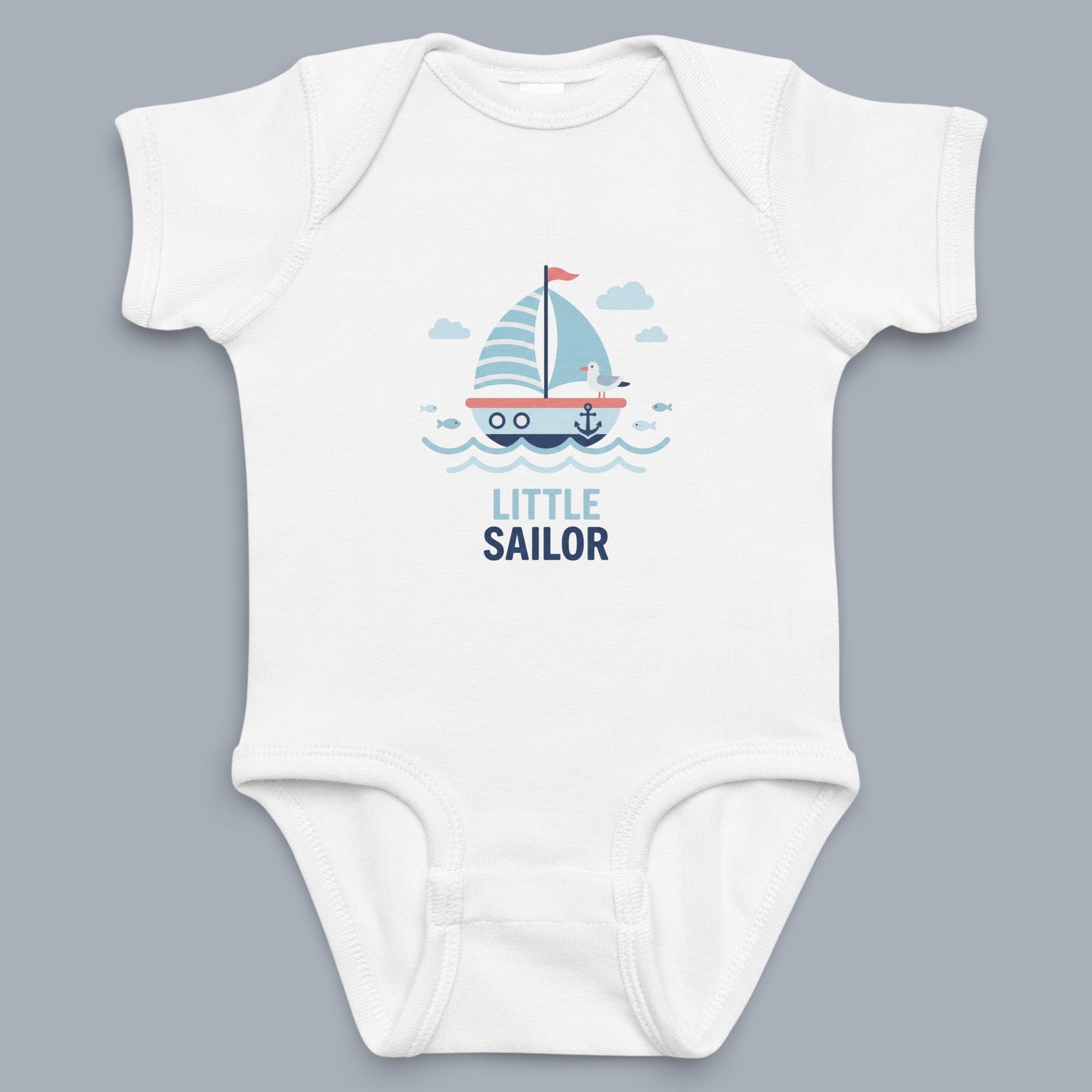 Coocosh baby bodysuit with a cute sailboat design, ideal for little sailors, made of soft, breathable white cotton. Perfect for infants, short sleeves, comfortable fit.. A delightful addition to any baby's wardrobe.