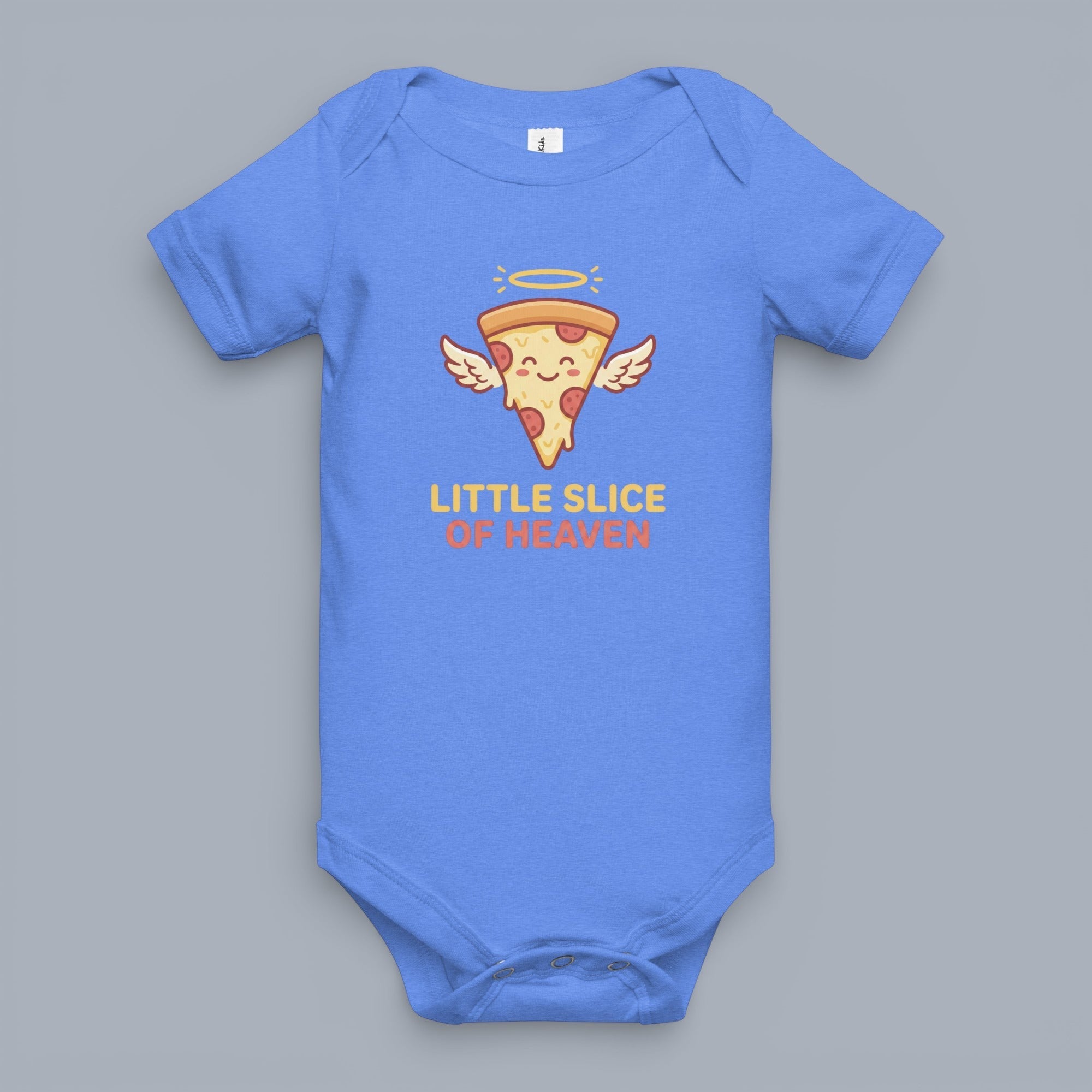 Coocosh baby bodysuit featuring a cute cartoon pizza slice with angel wings and halo graphic. The onesie also has the phrase "Little Slice of Heaven" printed below in a light blue color. Period.