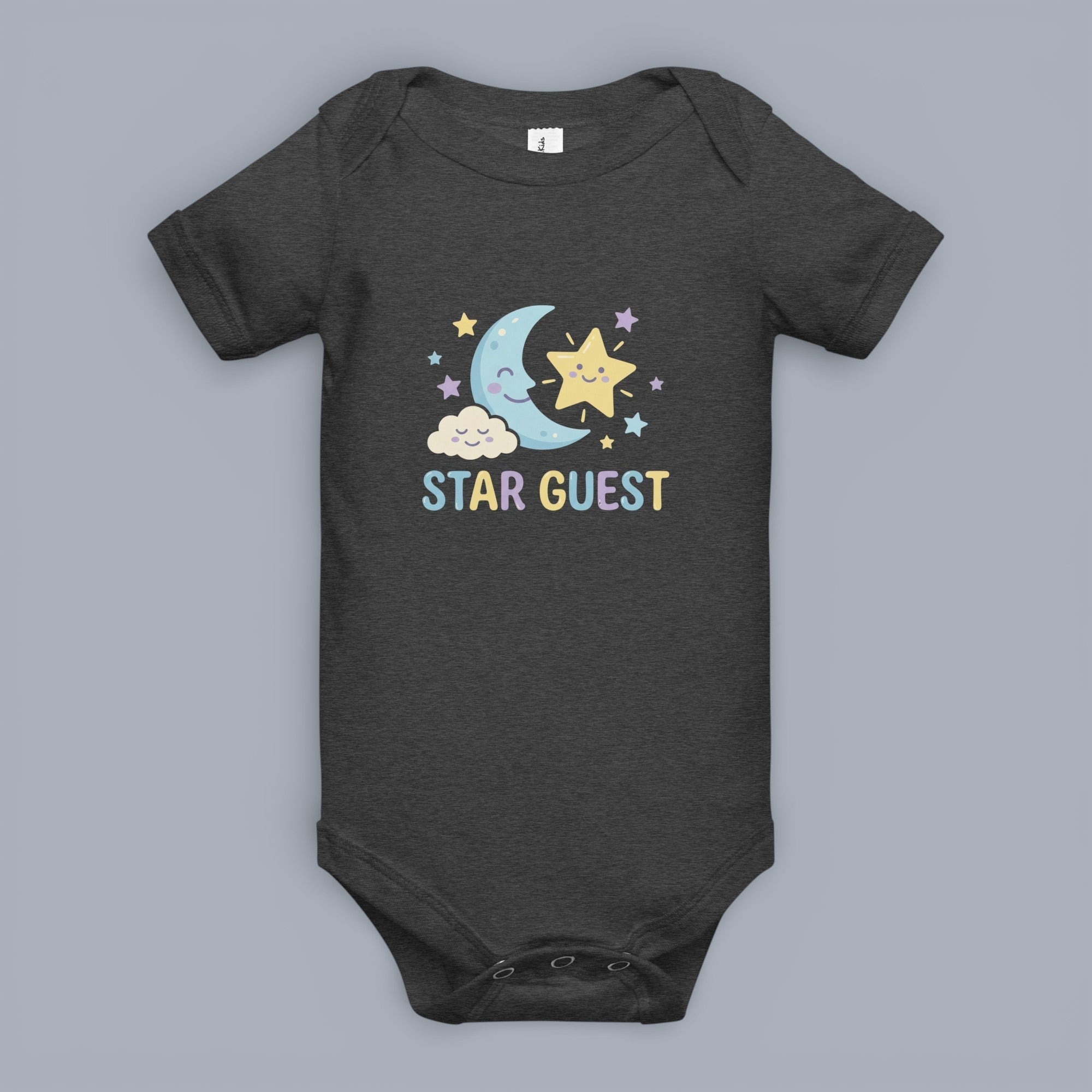 Coocosh baby bodysuit with a fun, whimsical star guest design. The dark gray onesie features a moon, a star, clouds, and sparkling stars. Makes a cute and charming outfit for your little one. Perfect for everyday wear, playtime, or special occasions. This