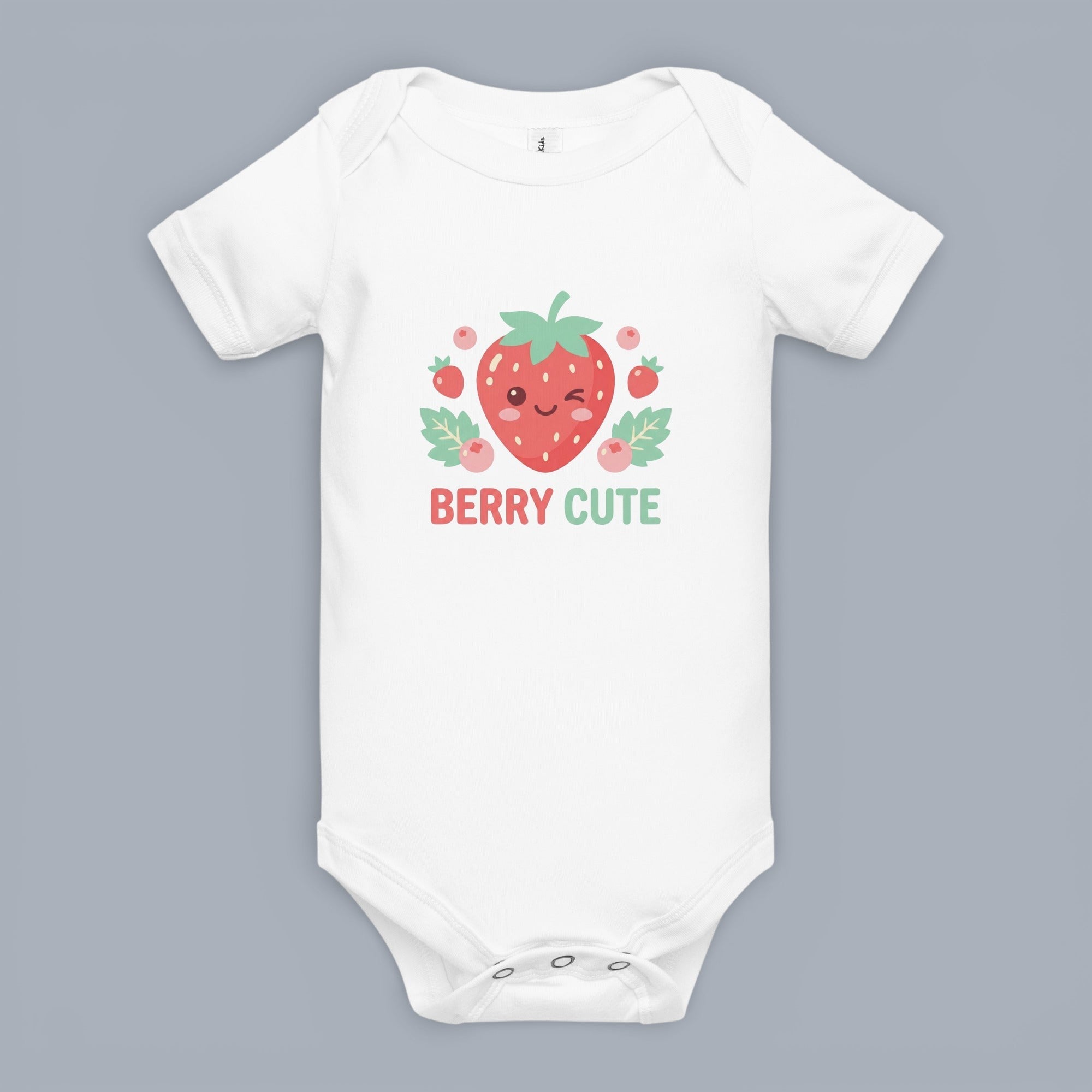 Coocosh baby onesie featuring a cute winking strawberry graphic with the text "Berry Cute." Made of soft, white cotton. Perfect for baby girls and baby boys. A fun and stylish baby shower gift.