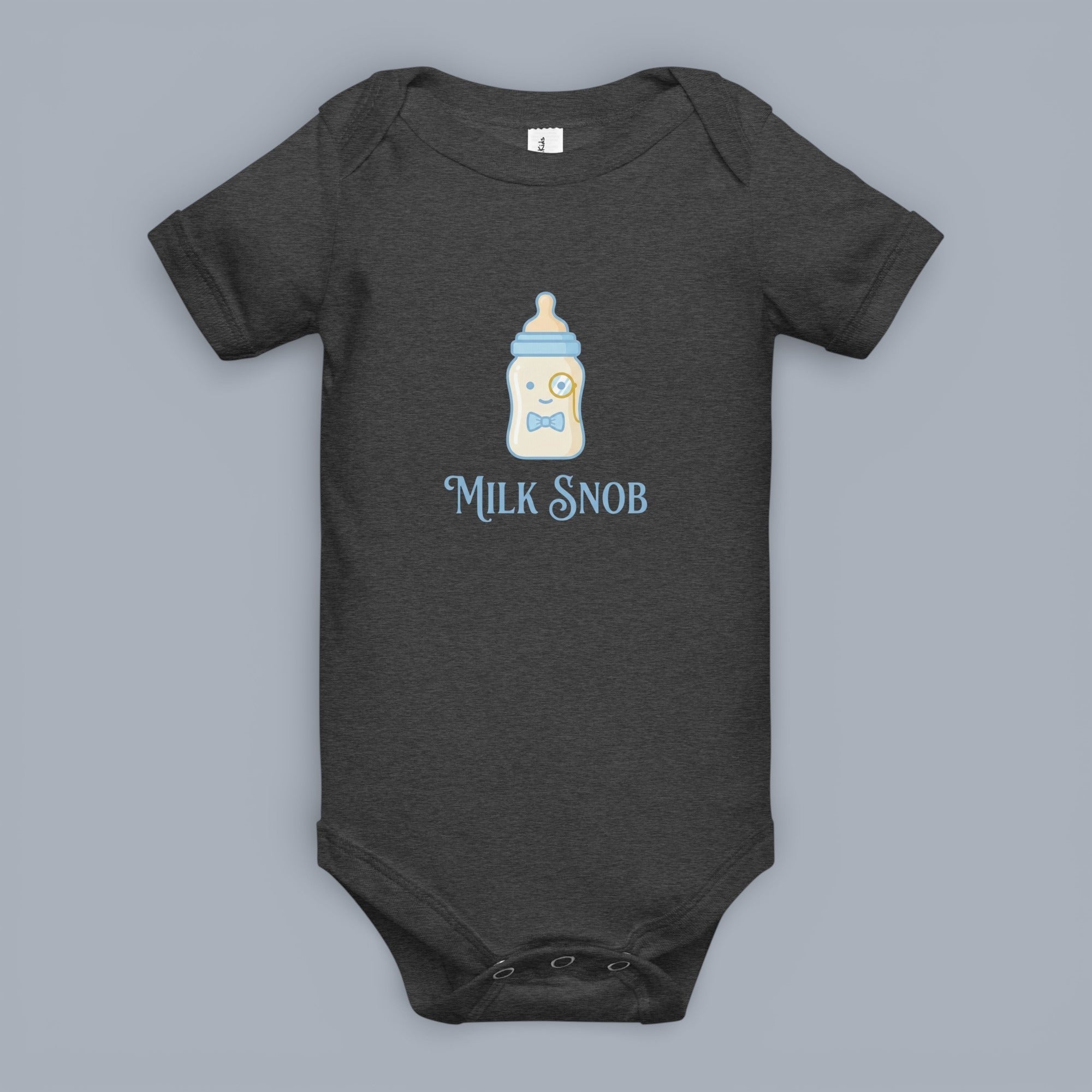 Coocosh Baby Bodysuit features a funny 'Milk Snob' graphic. This comfortable and soft baby one-piece is perfect for infants. Durable design in a stylish heather gray color. Perfect baby gift. Period.
