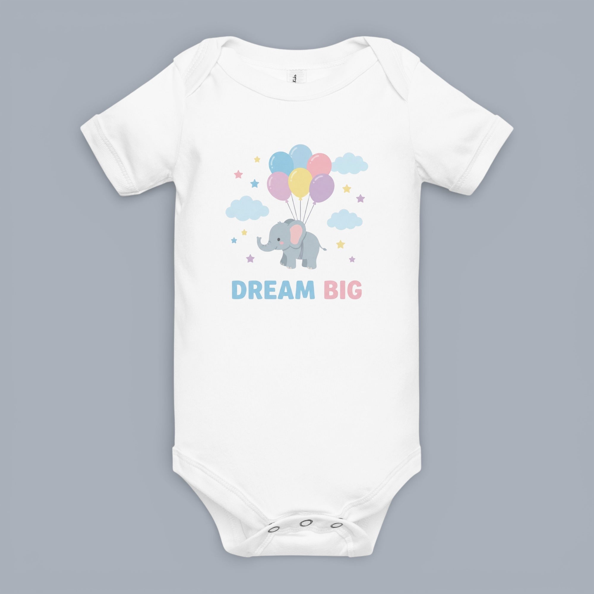 Coocosh baby bodysuit featuring a cute elephant holding balloons graphic, crafted from soft, breathable cotton in a crisp white color, ideal for everyday wear and gentle on sensitive skin. Dream big!.