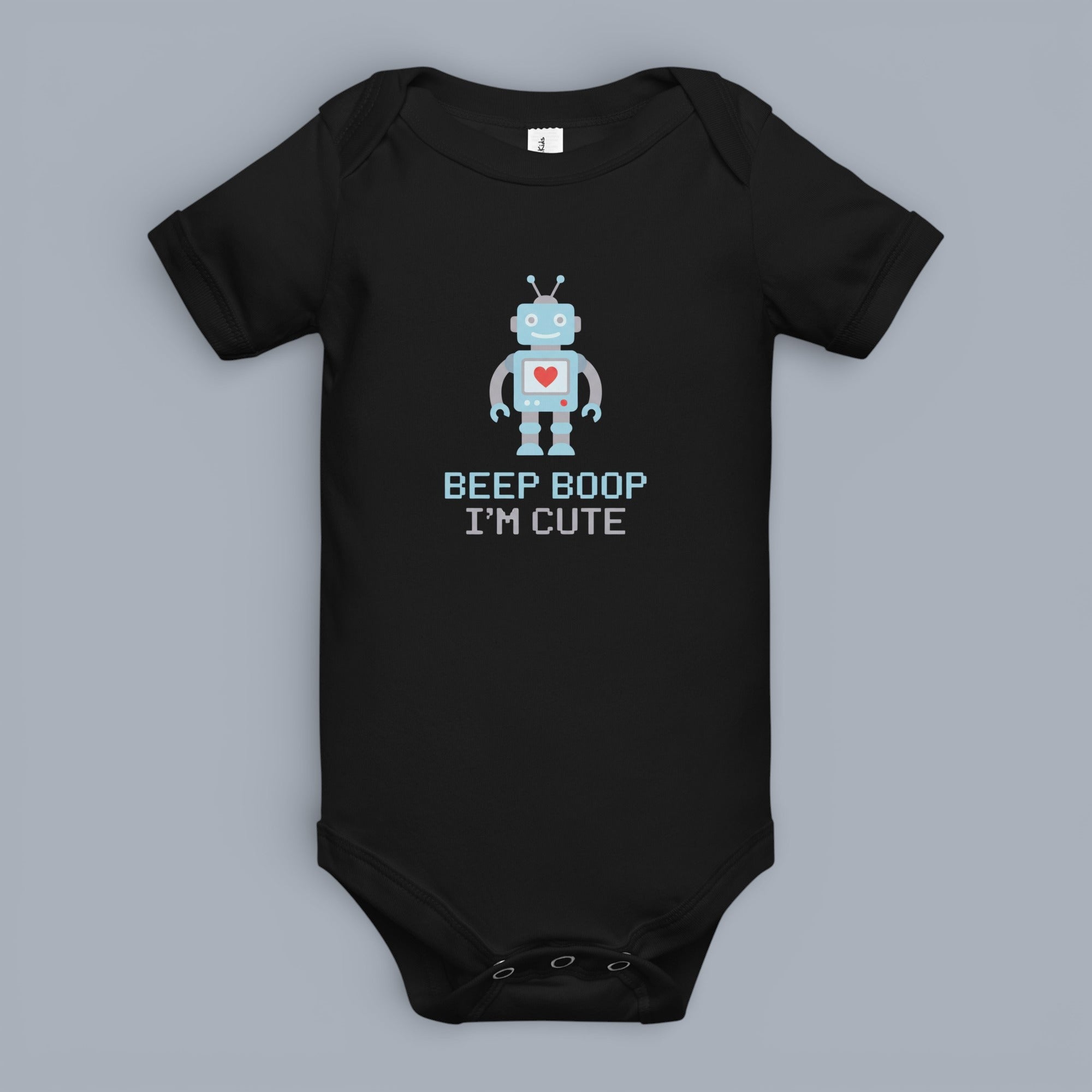 Coocosh baby bodysuit with a cute robot and the text "Beep Boop I'm Cute", made of soft fabric, in black color, shown on a grey background, front view, ideal for infants.