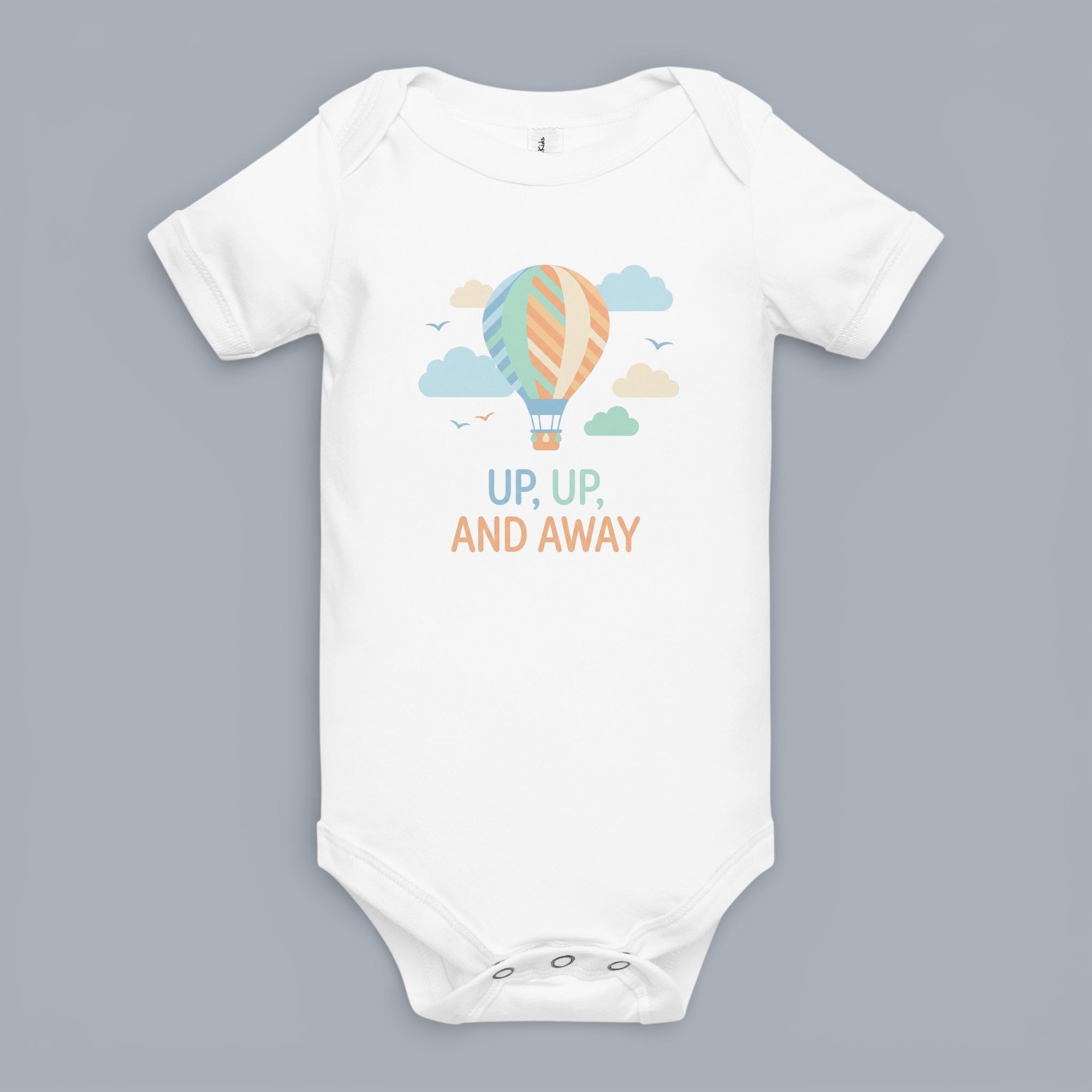 Coocosh Baby Onesie featuring a whimsical hot air balloon design with the words "Up, Up, and Away," made of soft cotton in white. A charming outfit for infants. Period.