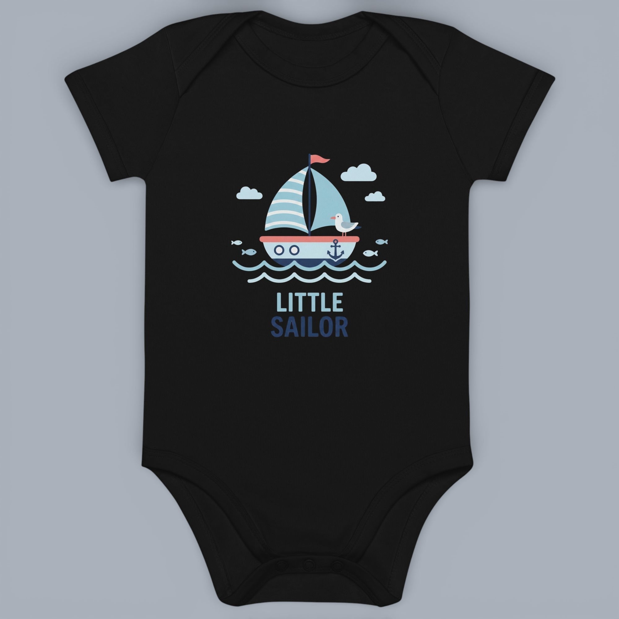 Coocosh Baby Onesie with a cute nautical design featuring a sailboat, seagull, and "Little Sailor" text, black color, comfortable fit for infants and toddlers. A delightful choice. Period.