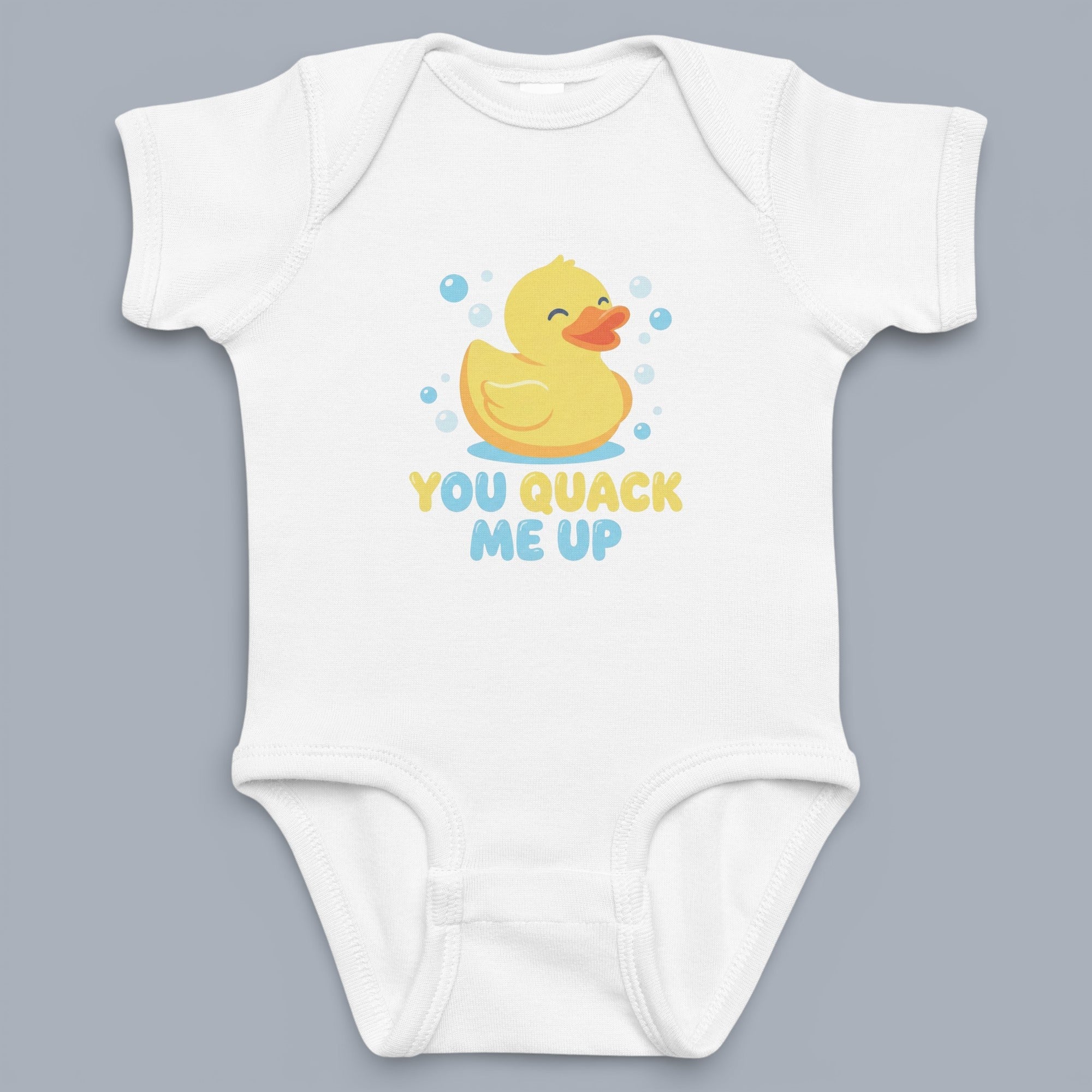 Coocosh baby onesie with a cute yellow duck design and the phrase 'You Quack Me Up' printed on the front, creating an adorable and playful look perfect for infants. Period.