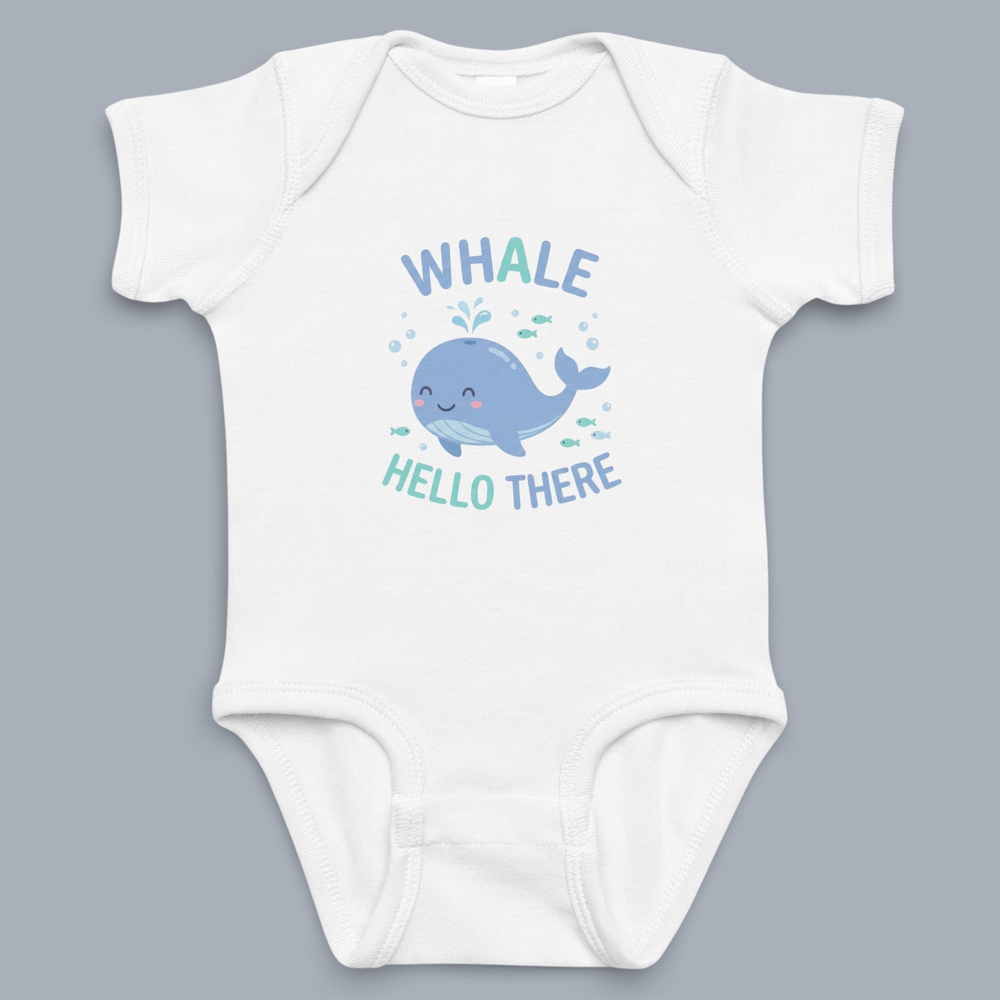 Coocosh Baby Bodysuit features a cute whale graphic, crafted from soft cotton. This comfortable white onesie is perfect for infants and toddlers. Front view, standard fit.