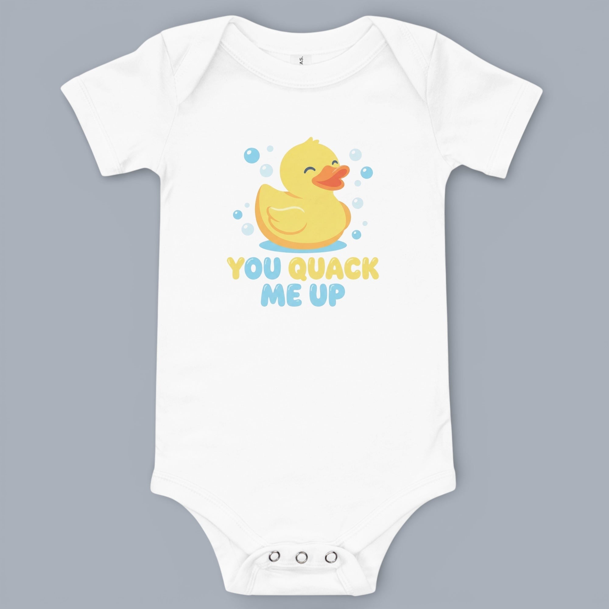 Coocosh baby bodysuit featuring a cute yellow rubber duck with bubbles graphic and the phrase 'You Quack Me Up.' This white infant onesie is perfect for bath time fun. Period.