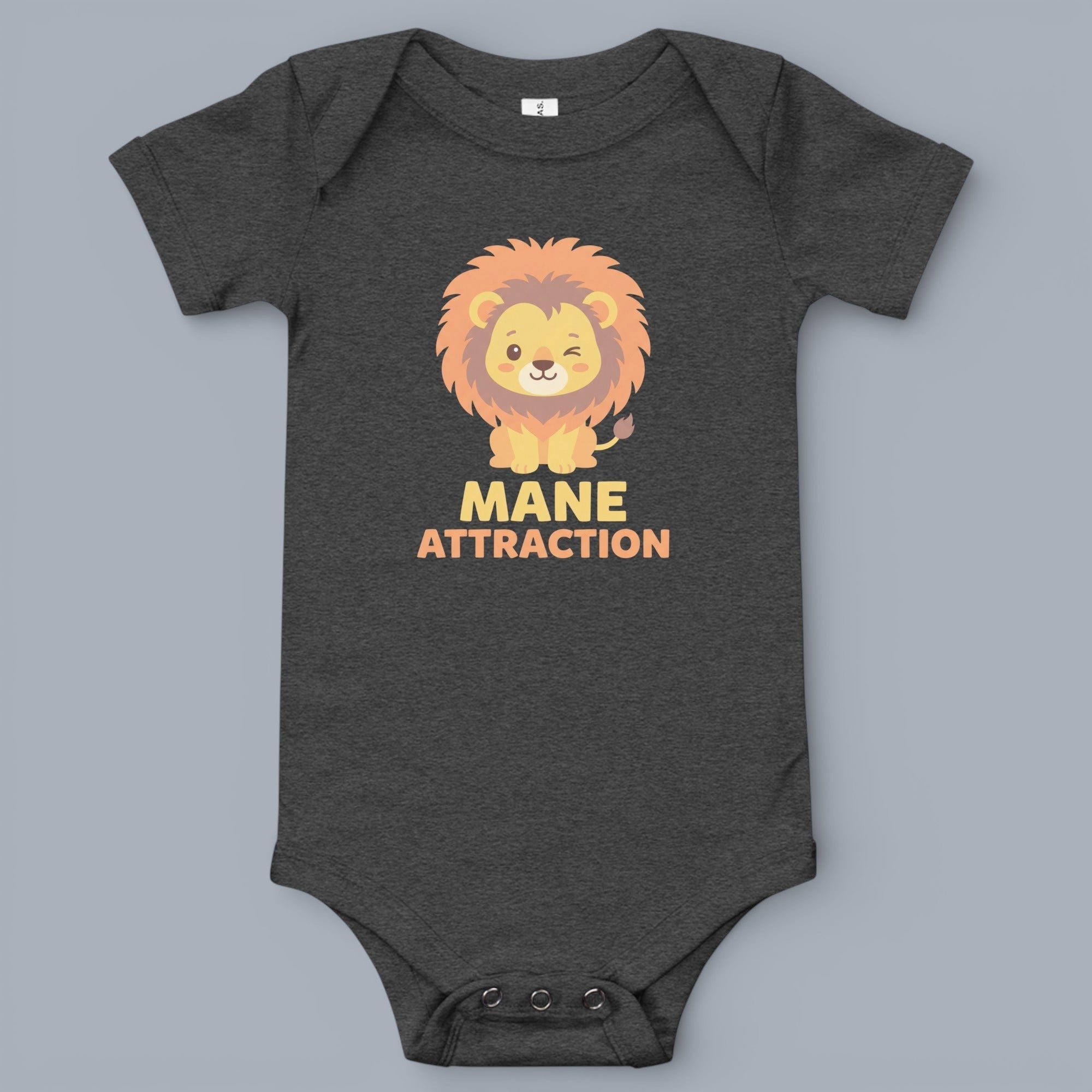 Coocosh baby bodysuit with a charming lion design, featuring 'Mane Attraction' text, in heather gray. A delightful and cozy outfit perfect for your little one's playful adventures. With cute illustration. Versatile and comfortable. A charming choice.
