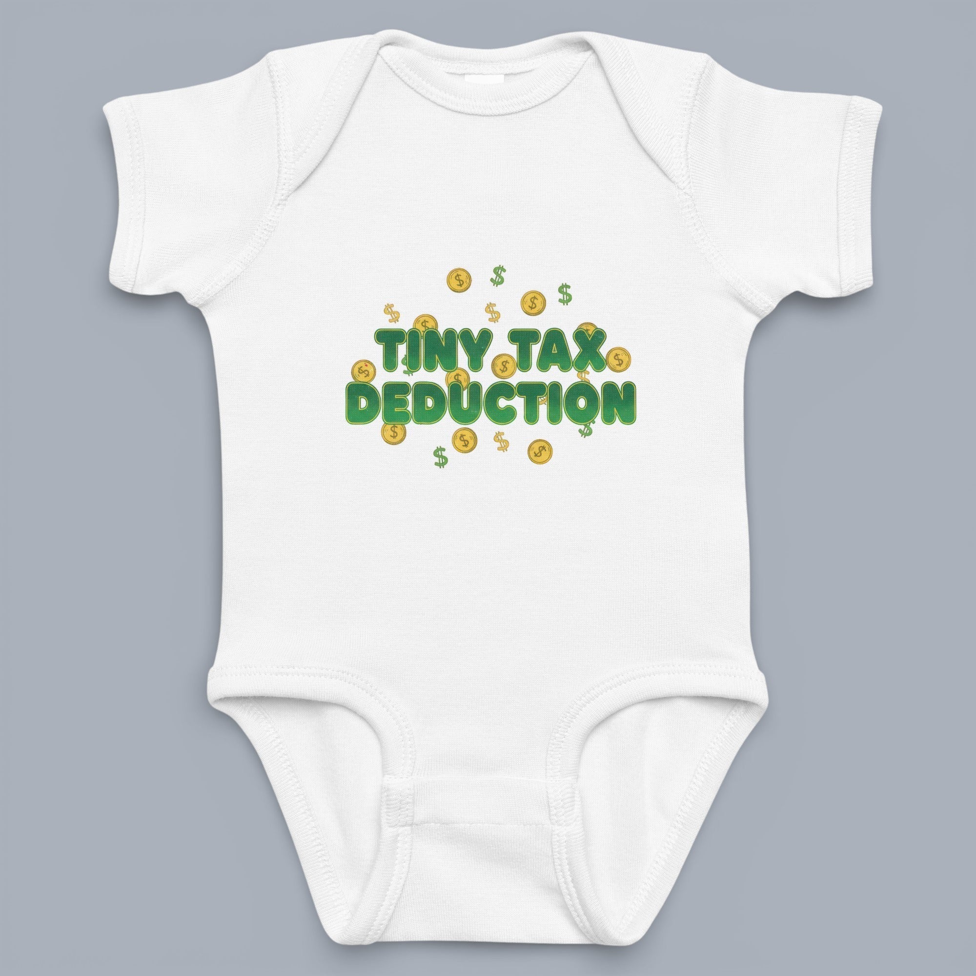 Coocosh Baby Onesie featuring a humorous "Tiny Tax Deduction" print, soft and comfortable cotton in white, newborn size, close-up showing the playful design appealing to new parents. A smart and cute baby gift idea.