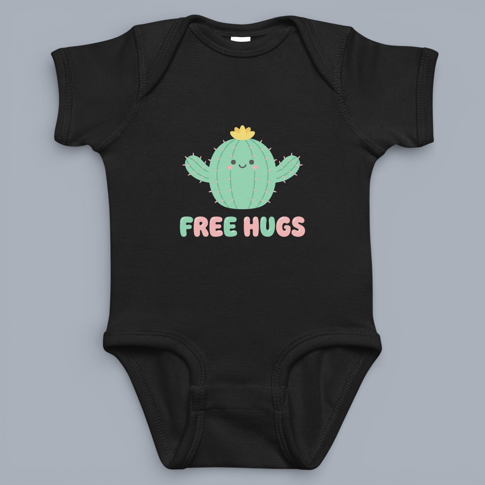 Coocosh Baby Bodysuit featuring a cute cartoon cactus with the text "Free Hugs", made from soft, comfortable fabric in black. Perfect for everyday wear and adorable photo opportunities.