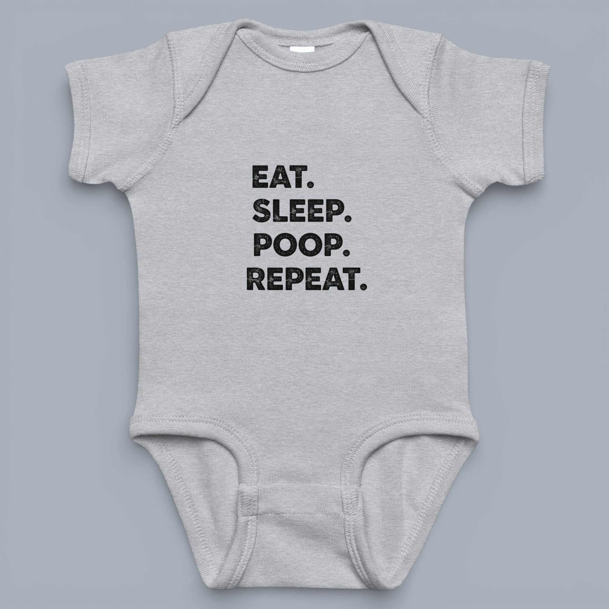 Coocosh baby bodysuit features a humorous "Eat. Sleep. Poop. Repeat." message printed on the front, made from soft, breathable gray cotton, ideal for everyday wear and comfort.