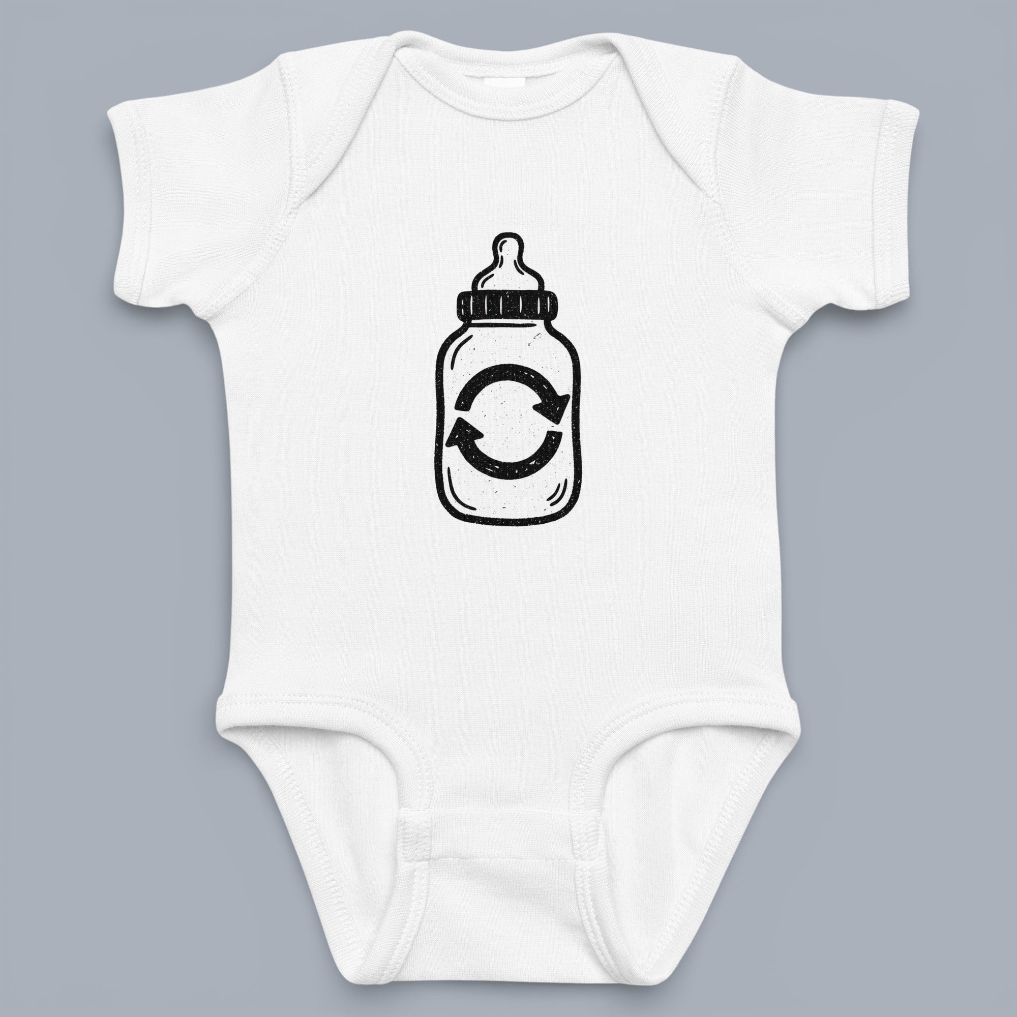 Coocosh Baby Bodysuit featuring a baby bottle graphic with recycling arrows in black ink on a white cotton onesie, offering an eco-friendly and adorable look for infants. Period.