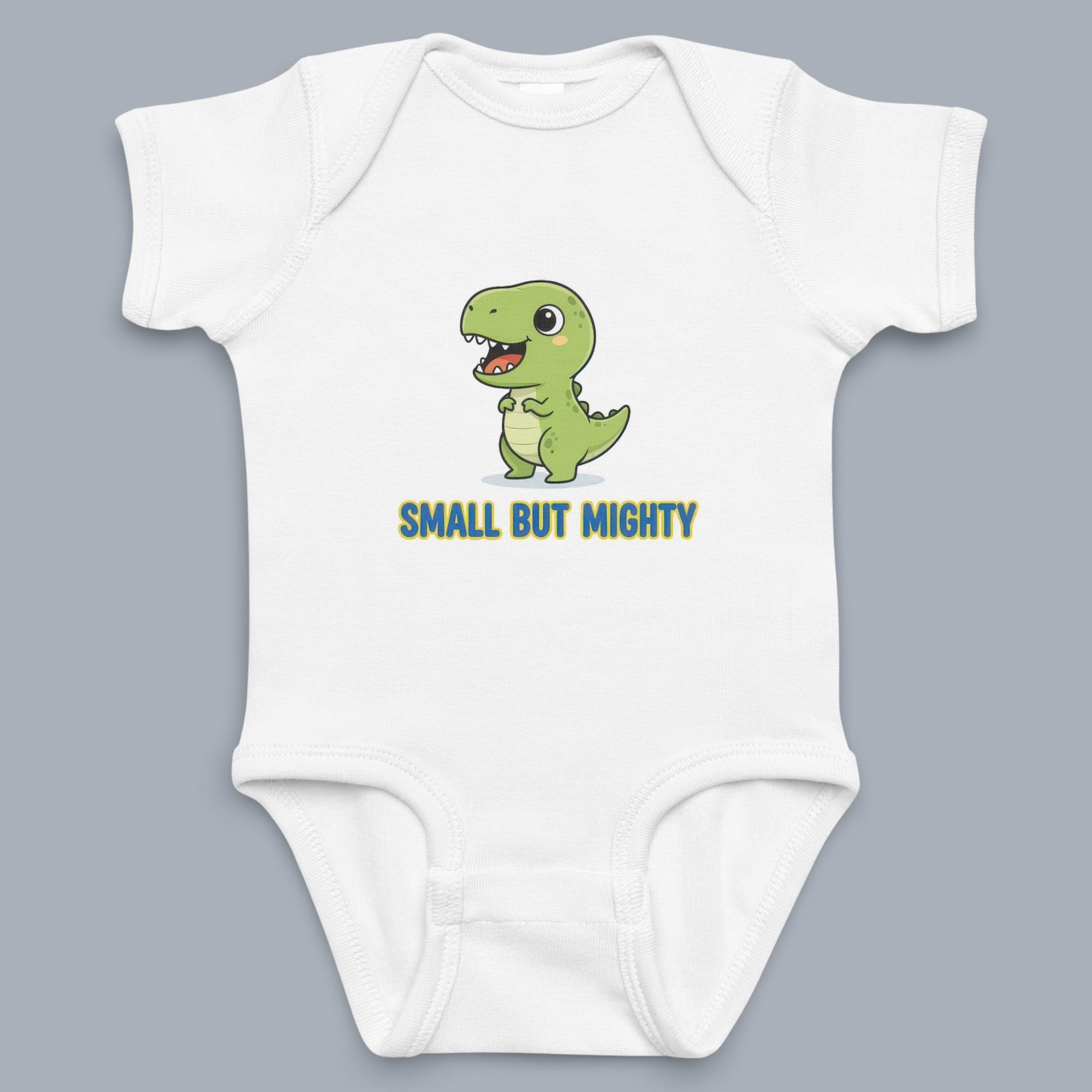 Coocosh Baby Bodysuit featuring a cute cartoon dinosaur and the phrase "Small but Mighty", made of soft, breathable white cotton, showcasing adorable design and comfortable wear. A great gift for little ones.