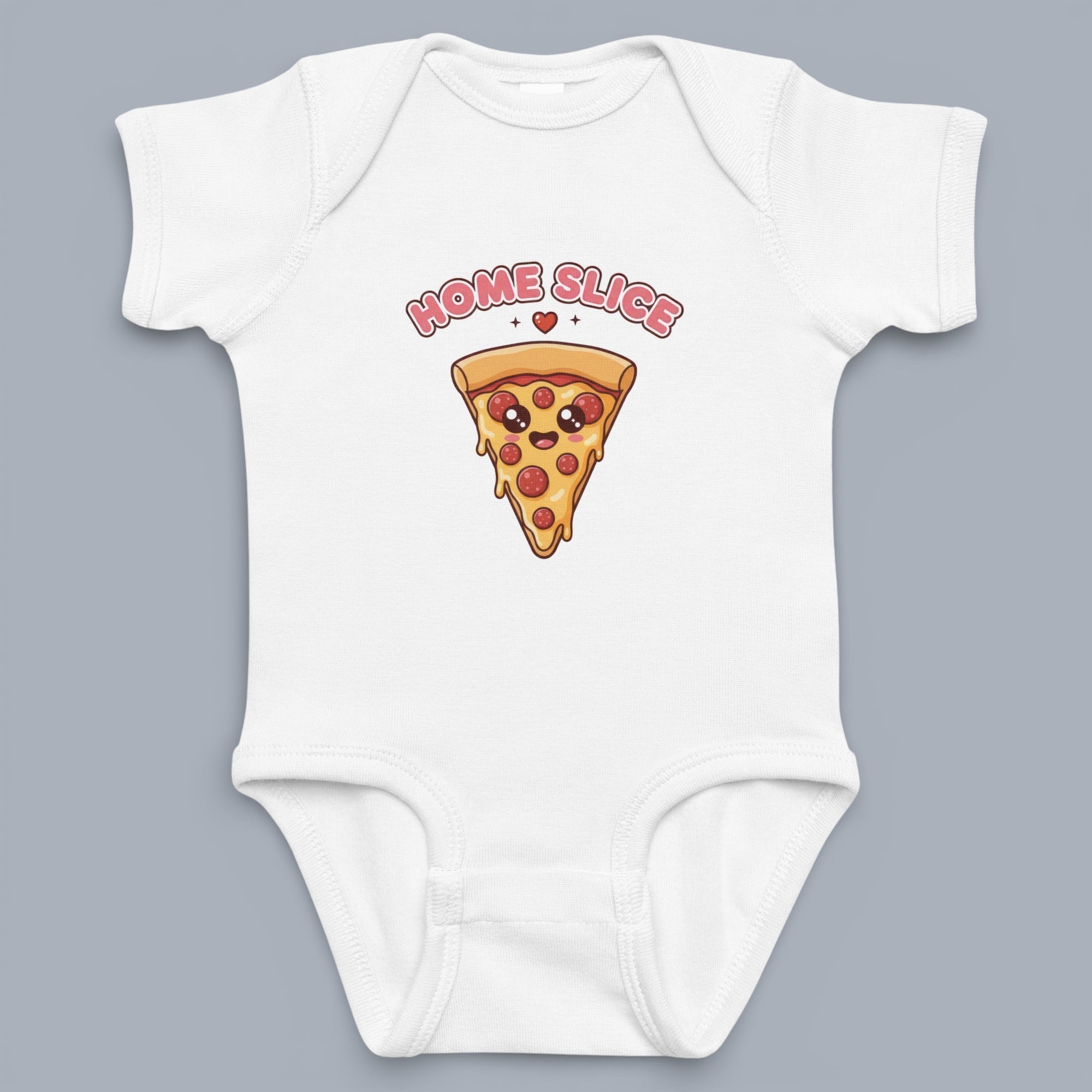 Coocosh baby bodysuit with a cute pizza slice graphic and the text "Home Slice." Soft and comfortable, perfect for your little one. White color and short sleeves. A fun, playful design for everyday wear. Period.