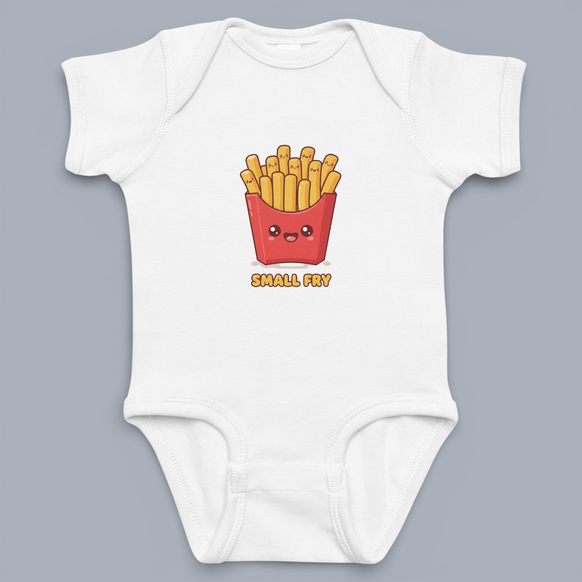 Coocosh baby bodysuit featuring a cute cartoon french fries graphic and the text "Small Fry," perfect for a playful and adorable baby outfit. White color with short sleeves. Period.