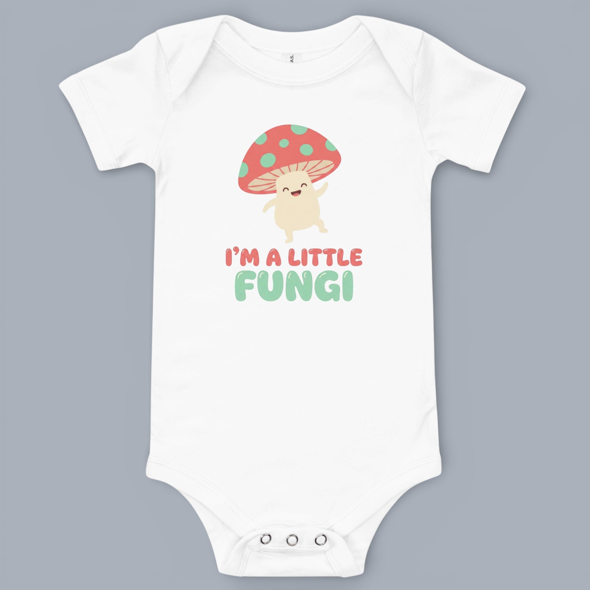 Coocosh Baby Onesie featuring a delightful cartoon mushroom design with the playful text "I'm a Little Fungi." The design brings a whimsical touch to baby's everyday wear. Perfect for infants and toddlers, this white onesie offers both comfort and style w