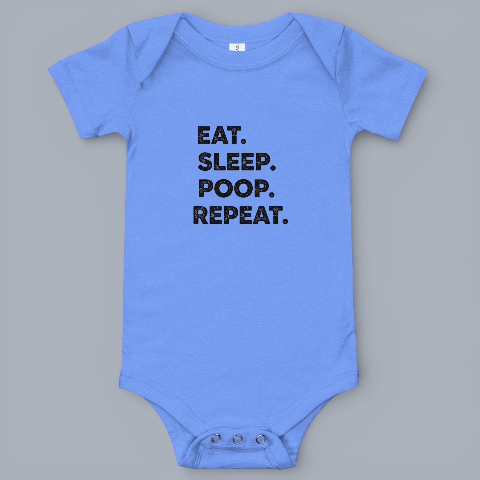 Coocosh Baby Bodysuit featuring the humorous text "Eat, Sleep, Poop, Repeat." in black font, light blue color, close-up studio shot. A cute and comfy essential for babies.