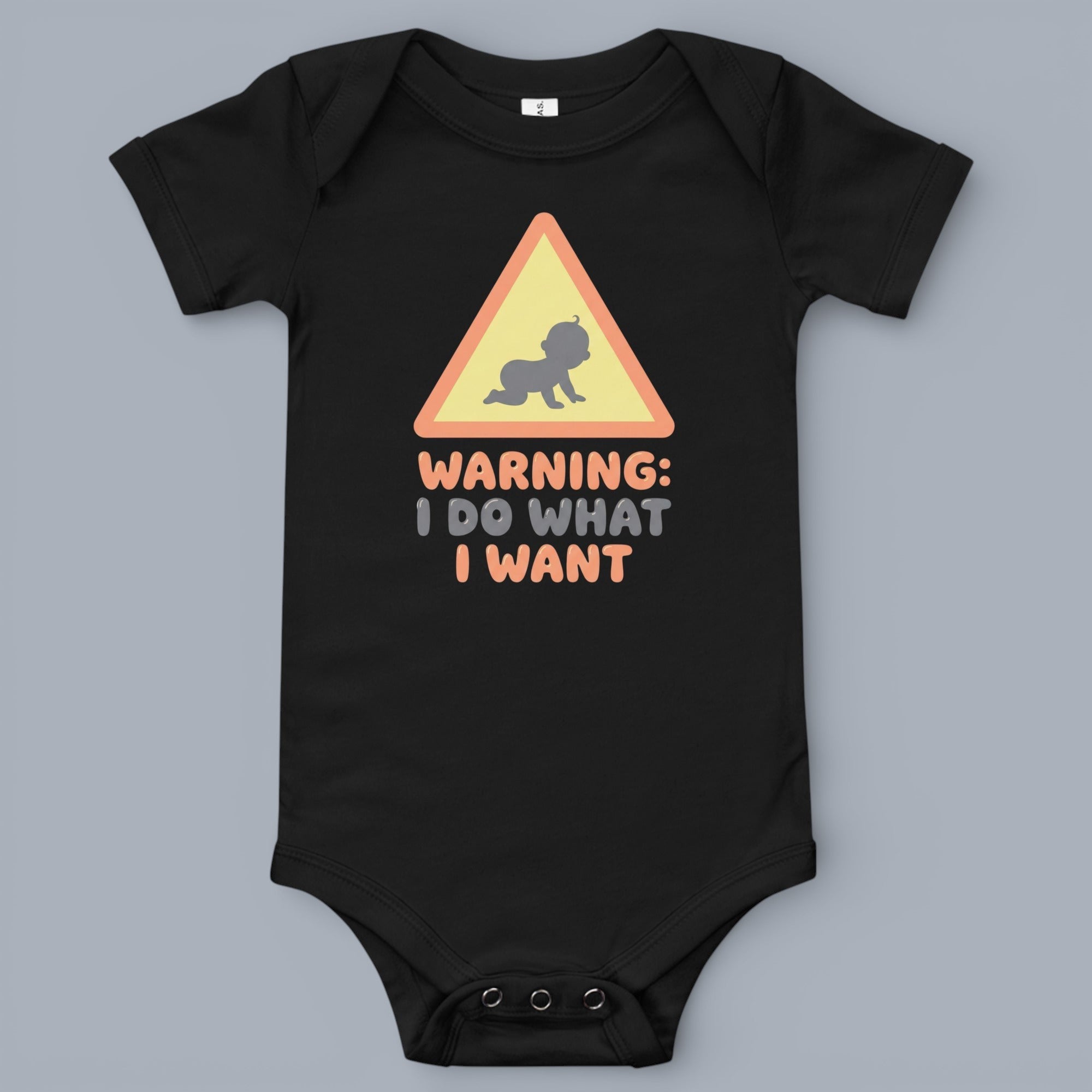 Coocosh Baby Onesie features a warning sign with "I do what I want" text, designed with soft, breathable fabric for ultimate comfort and flexibility in solid black color, perfect for infants. The print is eye-catching. A great baby shower gift idea. Perio