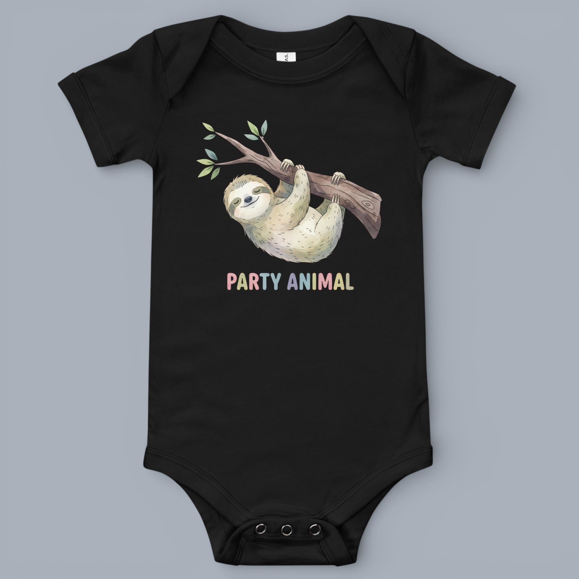 Coocosh Baby Bodysuit featuring a cute sloth hanging from a branch with "Party Animal" text, made from soft cotton in black, perfect for everyday wear and playful moments.