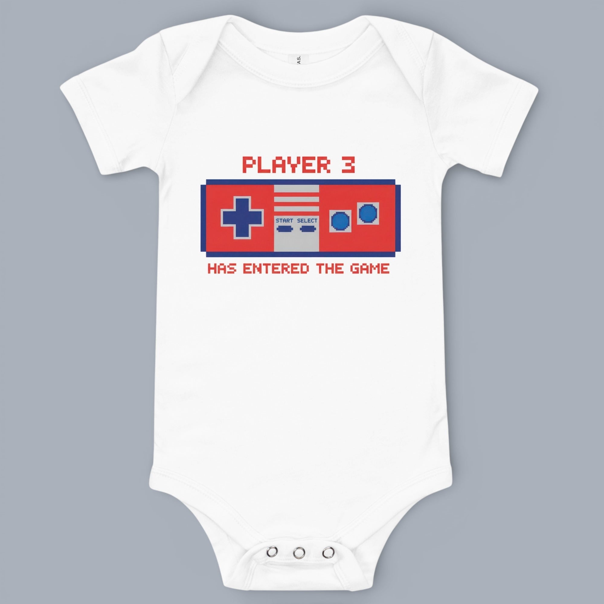 Coocosh playful baby bodysuit in relaxing Heather Columbia Blue, combines comfort with a fun pixelated gamer design, perfect for any young gaming enthusiast.