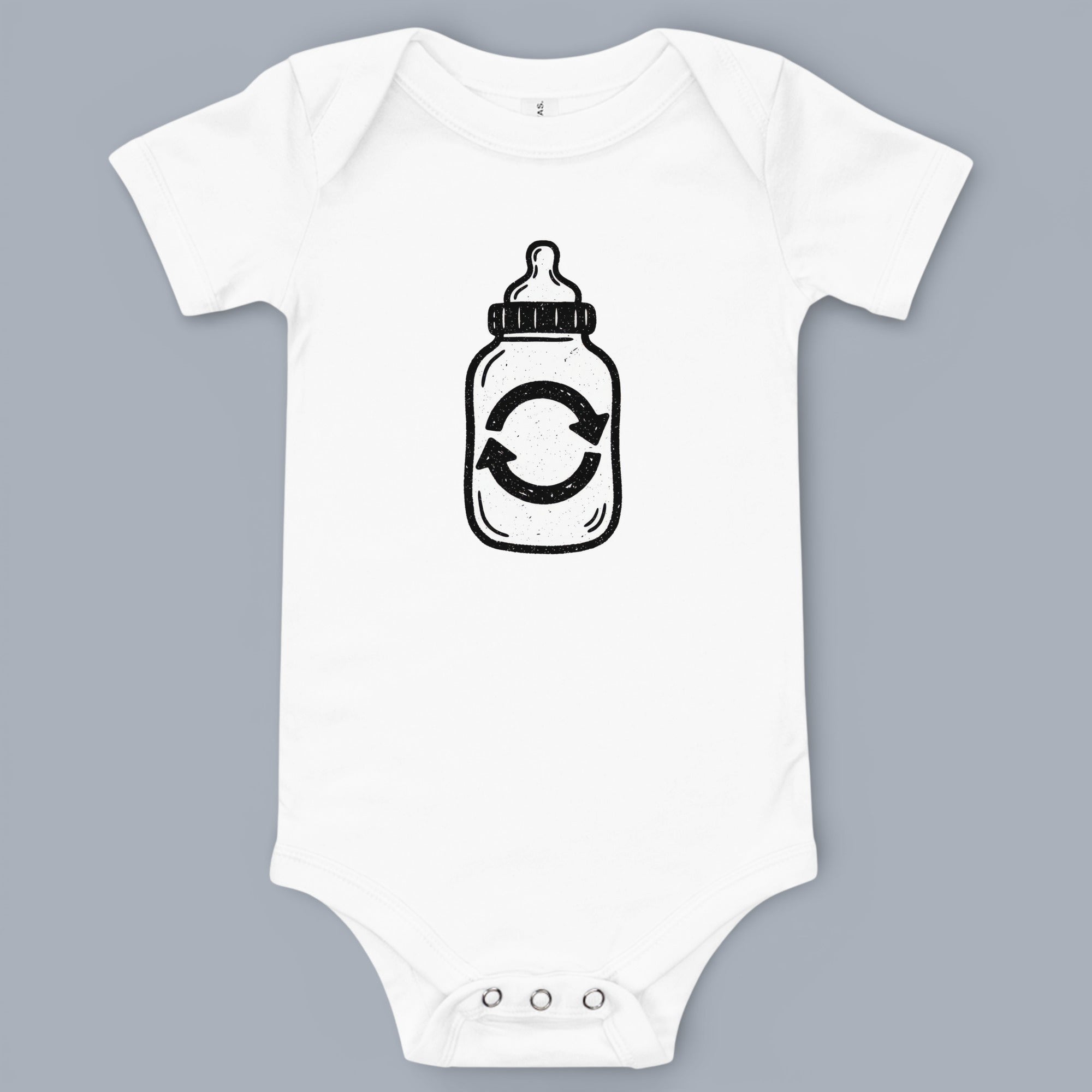 Coocosh Baby Onesie featuring a hand-drawn style baby bottle with recycling arrows symbolizing reuse and sustainability in white. A cute and eco-friendly statement. Period.