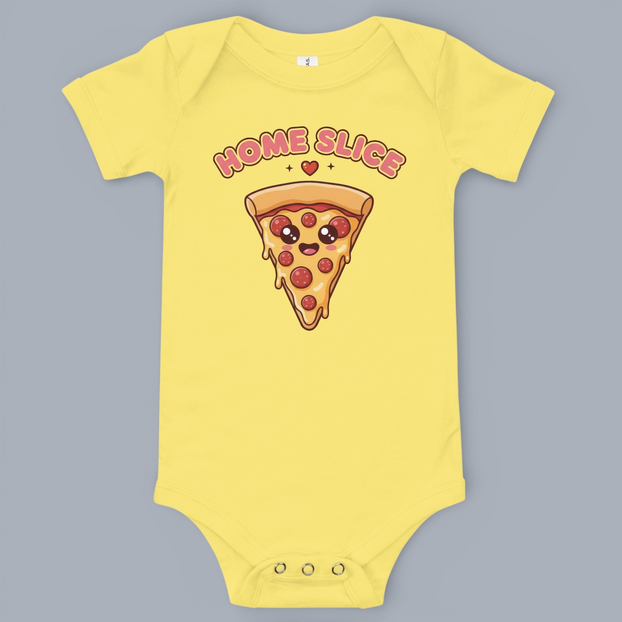 Coocosh Baby Onesie featuring a cute cartoon pizza slice with the words 'Home Slice', made of soft, breathable cotton in a cheerful yellow color, a fun and comfortable outfit for little ones.