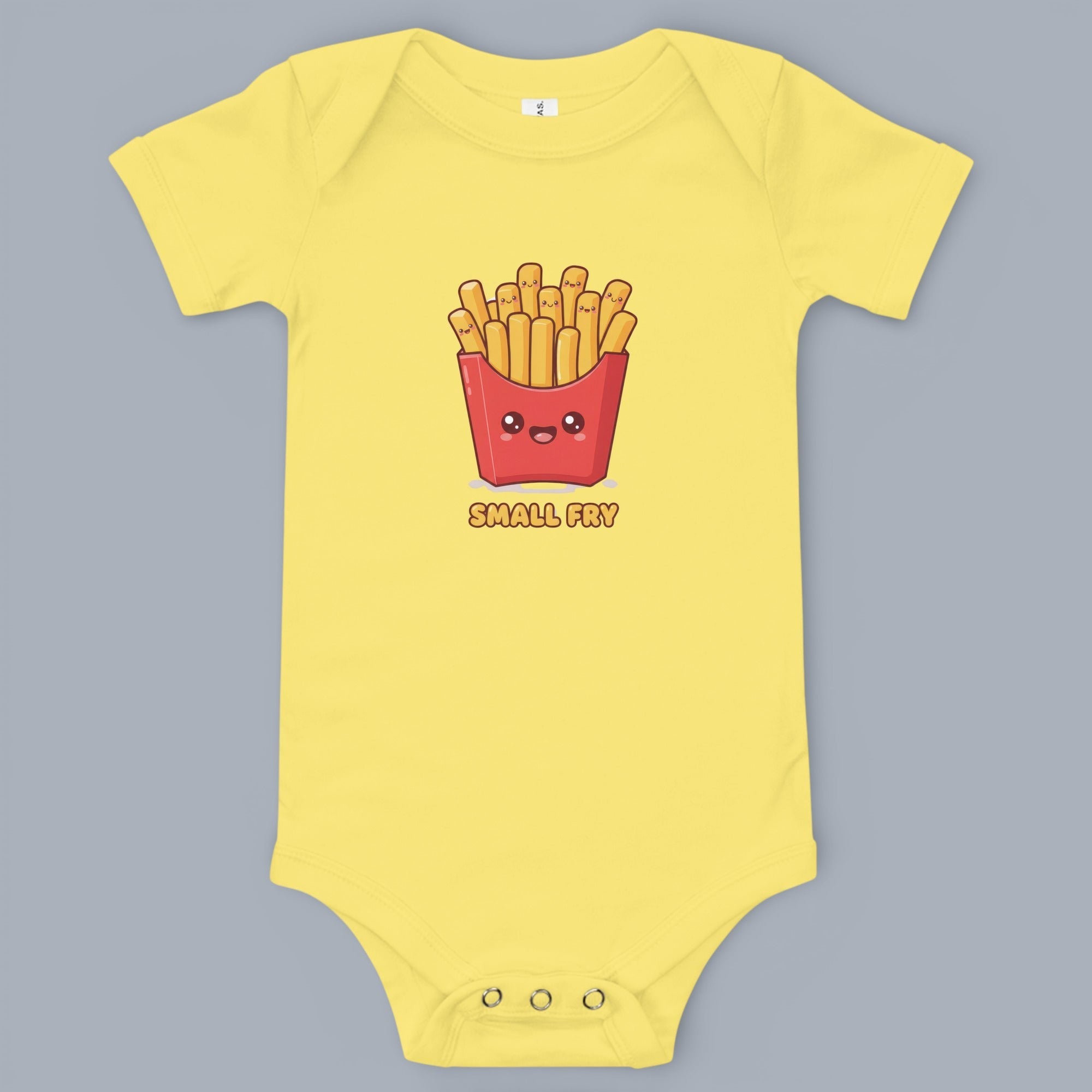 Coocosh baby bodysuit featuring a cute cartoon french fries design with the words "Small Fry". Made of soft, comfortable fabric, this yellow bodysuit is perfect for your little one. A fun and adorable design for everyday wear. Period.