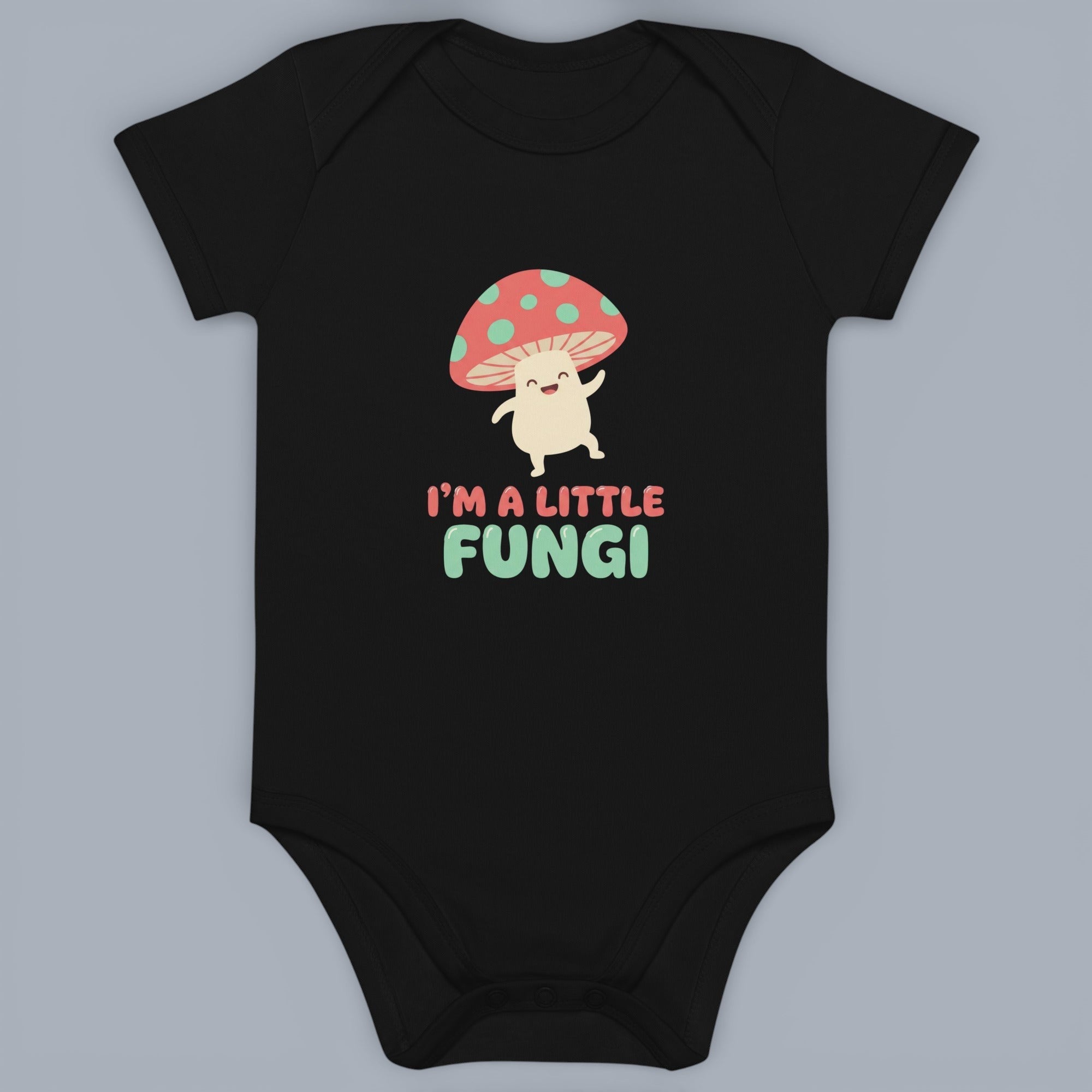 Coocosh baby bodysuit featuring a whimsical mushroom design with "I'm a Little Fungi" text, offering a cute and playful statement for infants, standard fit, black color. Perfect for everyday wear.