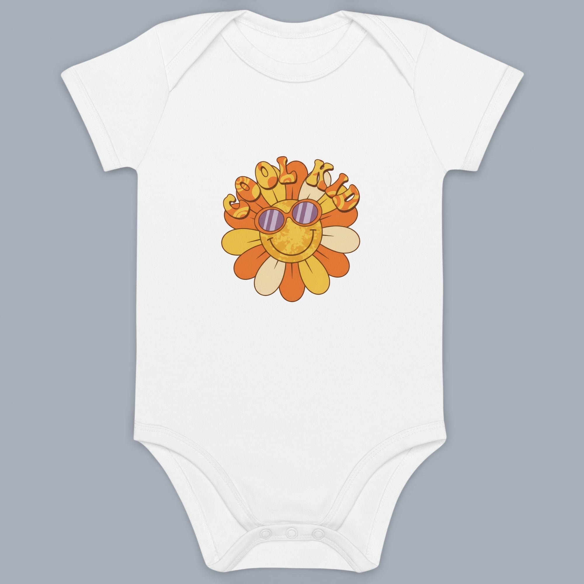 Coocosh baby bodysuit featuring a retro-style graphic of a smiling sunflower wearing sunglasses with the words "So Fly Kid" in orange and yellow font against a gray background. The design is eye-catching and stylish, perfect for a trendy baby. A comfortab