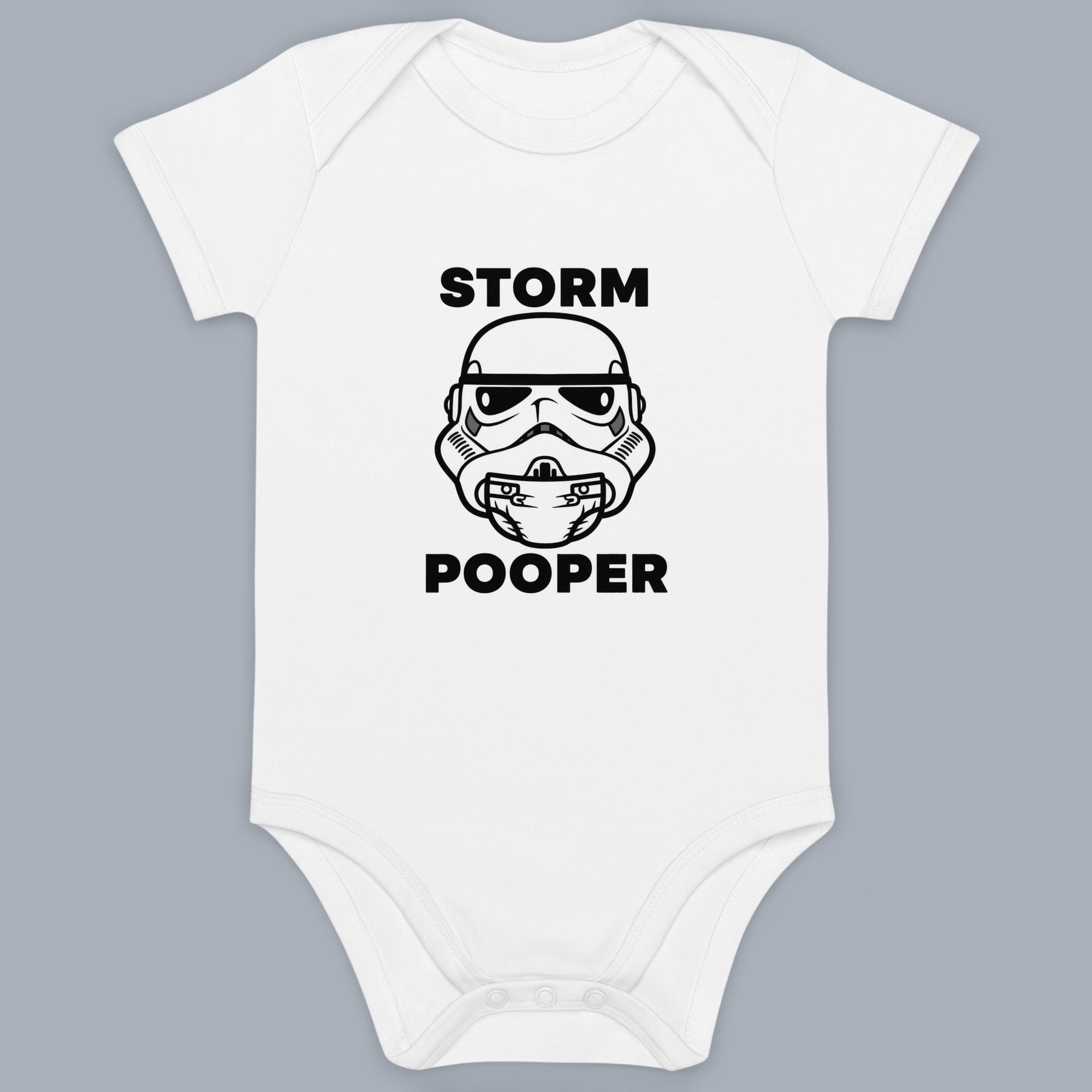 Coocosh Onesie with a Stormtrooper graphic wearing a diaper, "Storm Pooper" text, ideal for a baby, white color, and presented at full length. A fun and practical garment for infants.