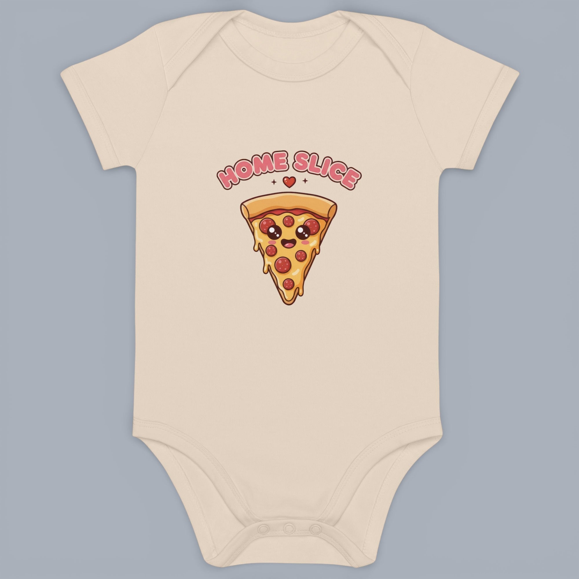 Coocosh Baby Bodysuit features a cute cartoon pizza slice graphic with "Home Slice" text, soft cotton fabric, short sleeves, a comfortable fit, snap closures, and a playful design perfect for infants.