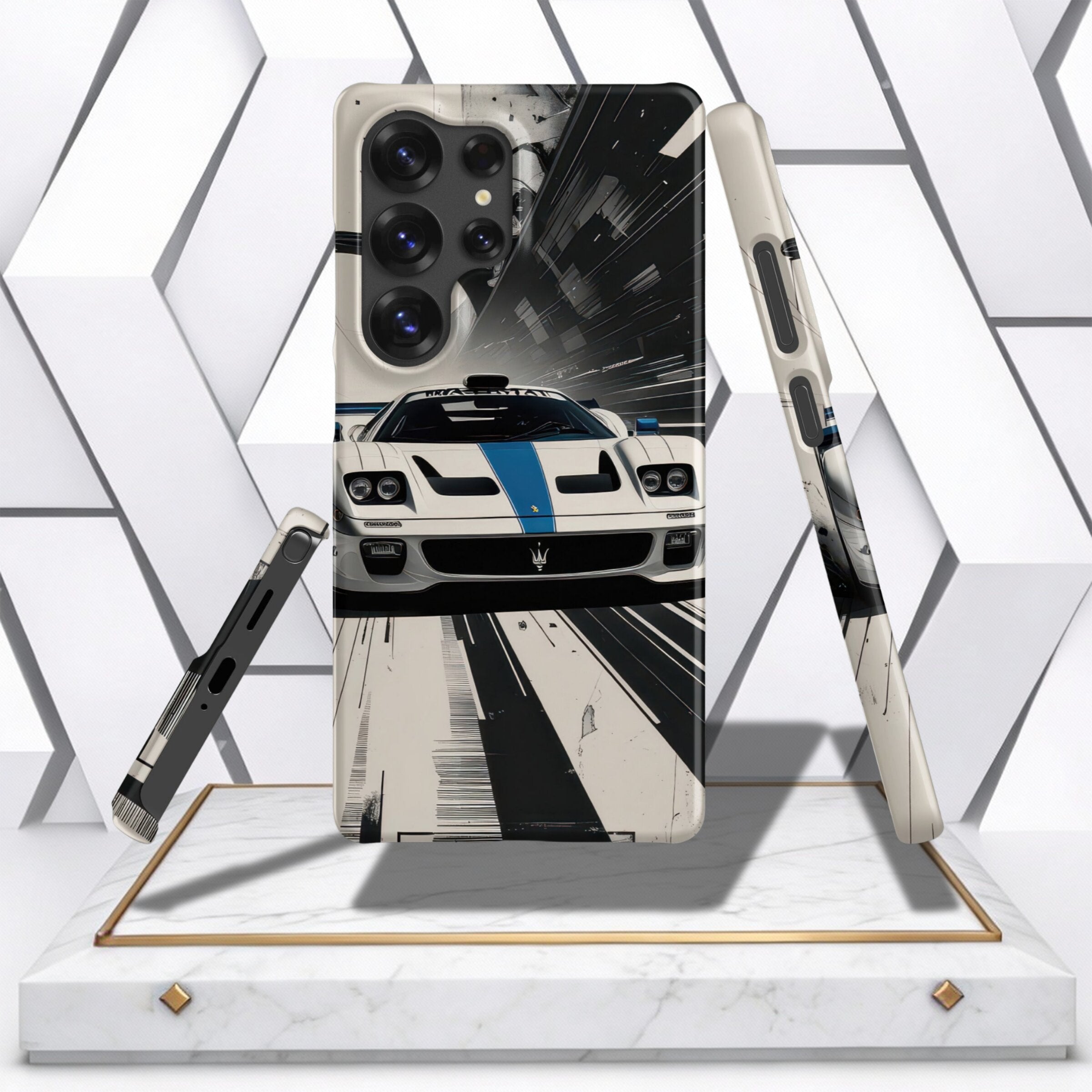 Coocosh phone case with a bold racing stripe theme, crafted in durable material to provide stylish protection for your smartphone during daily use.