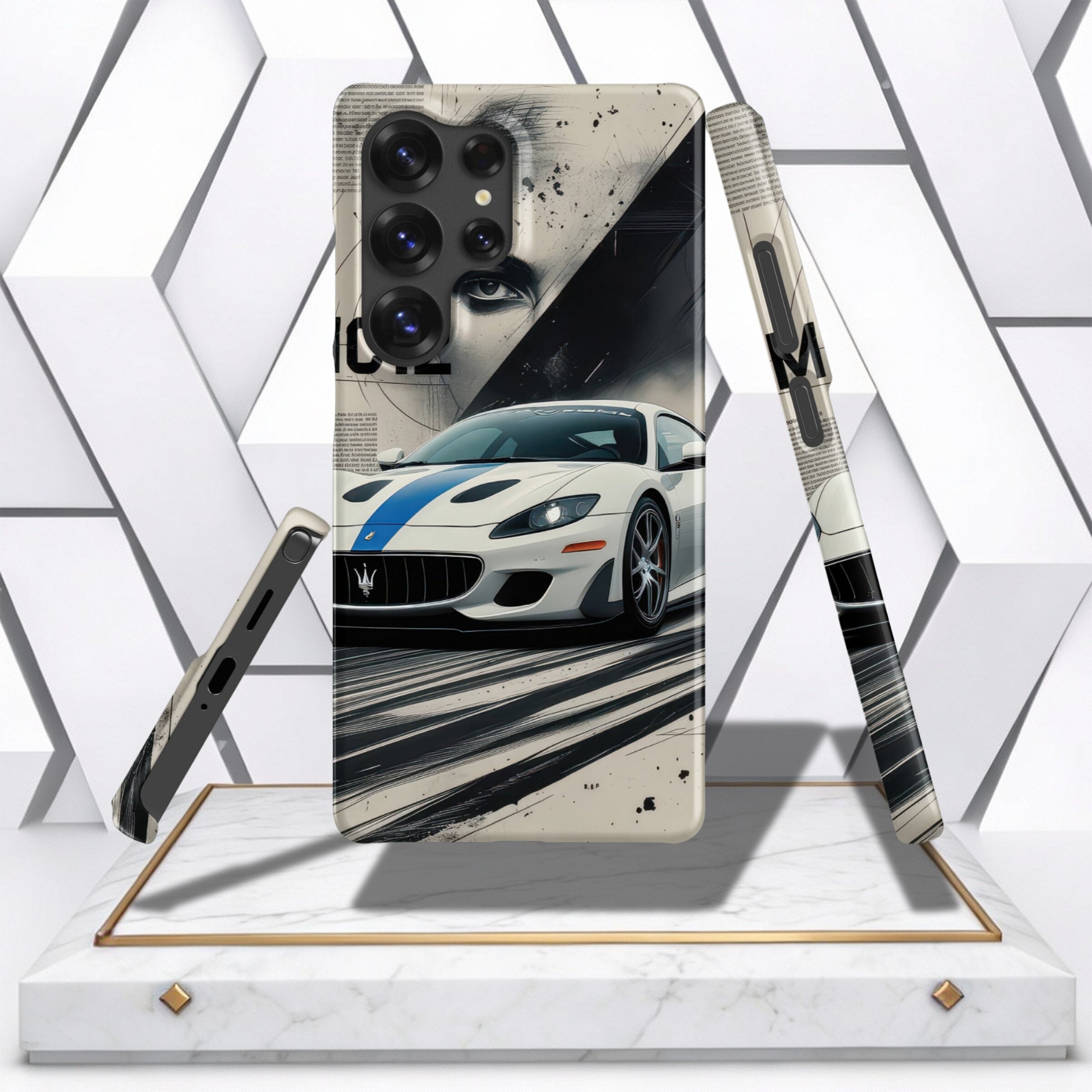 Coocosh smartphone cover, tailored for Samsung devices, displaying a stylish graphic design, constructed from durable polycarbonate, in a modern white and blue setup, suited for daily protection.