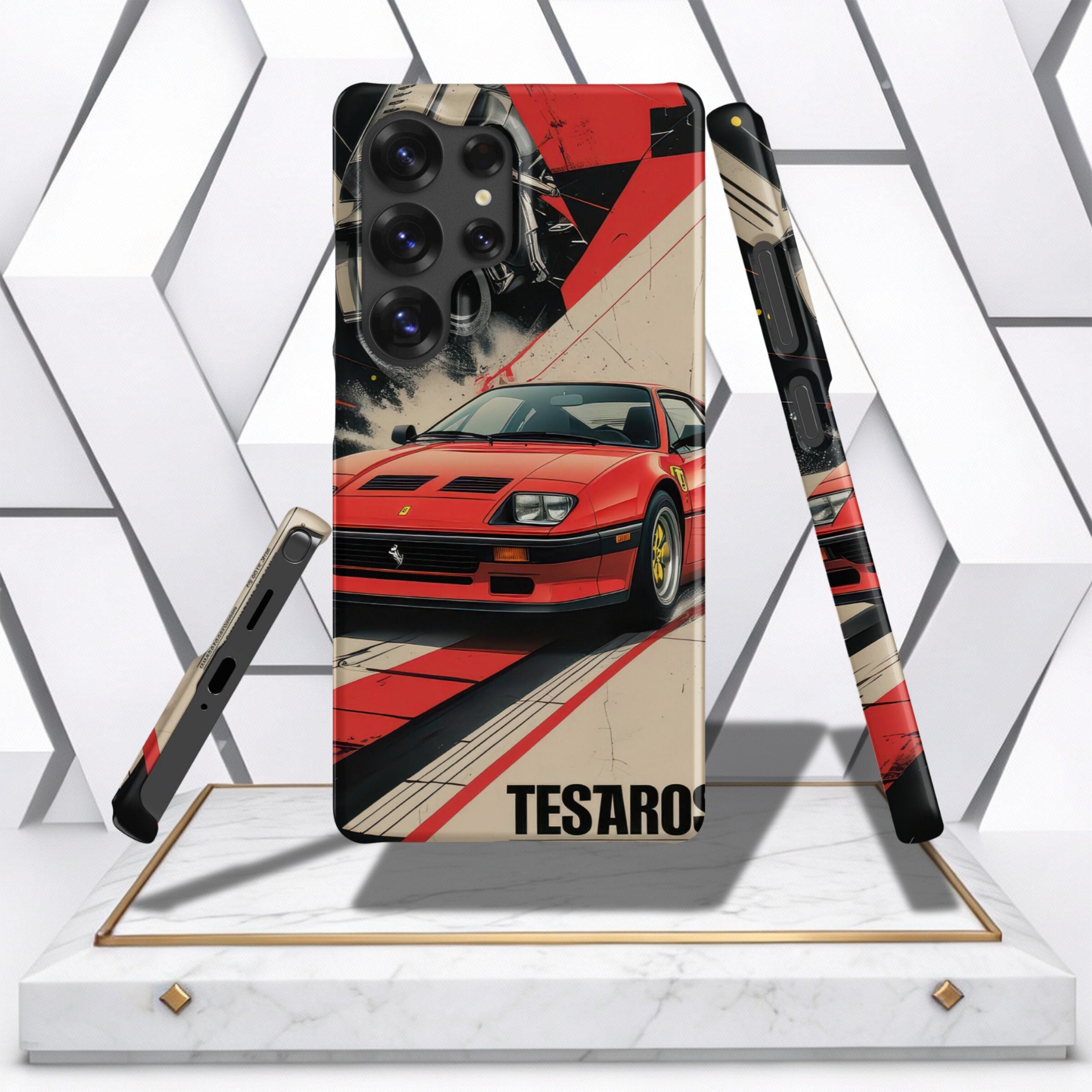 Coocosh snap case made for Samsung smartphones, highlighting stunning artistry of a Ferrari Testarossa, engineered with excellent durability for everyday protection.