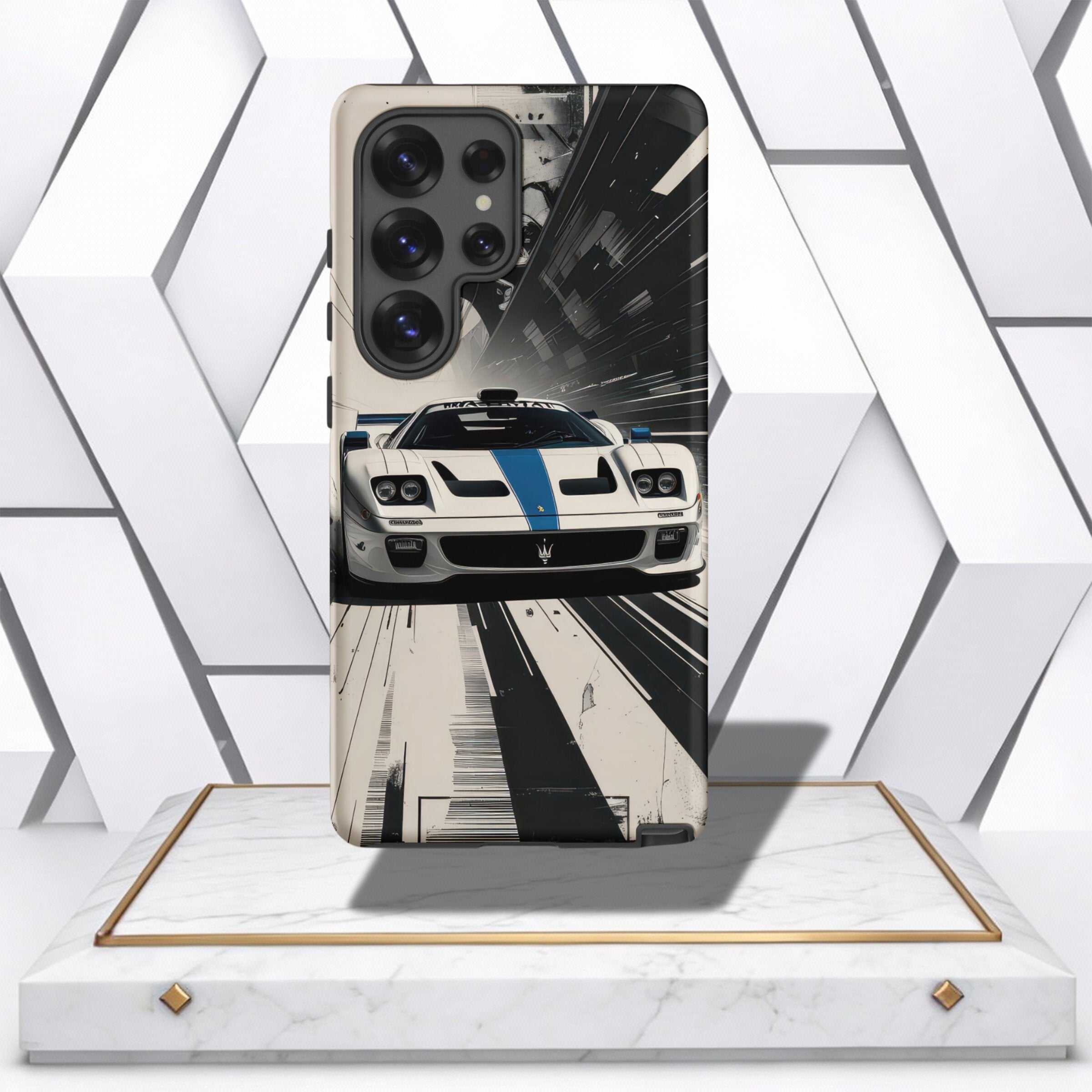 Coocosh Phone Case designed for Samsung Galaxy S21, featuring a captivating blue racing stripe against white, perfect for gamers and tech lovers seeking durability.