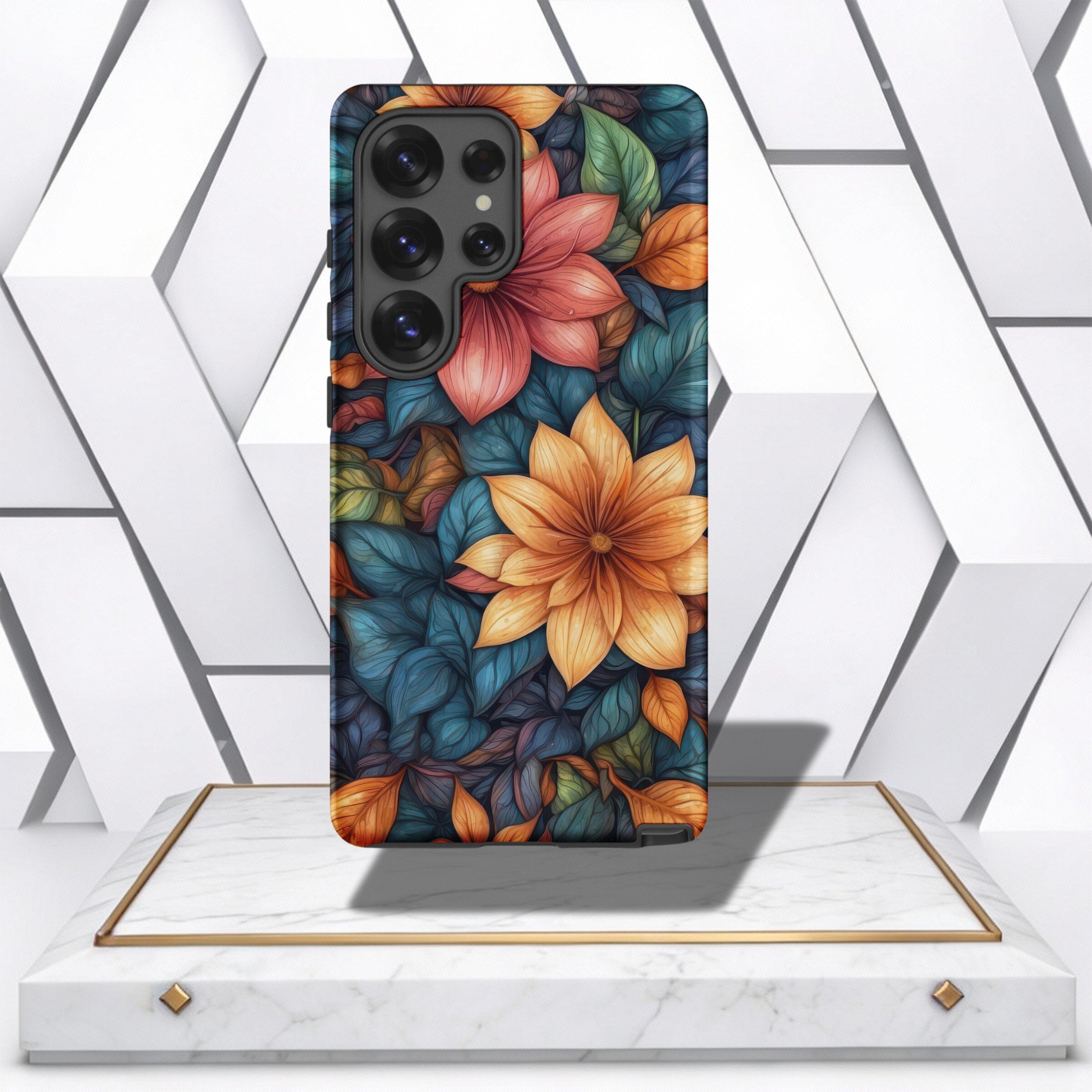 Coocosh phone case featuring a vibrant floral art design. It's made of a durable material and has a colorful flower design with leaves. Perfect for mobile phone protection. It has a lovely aesthetic.