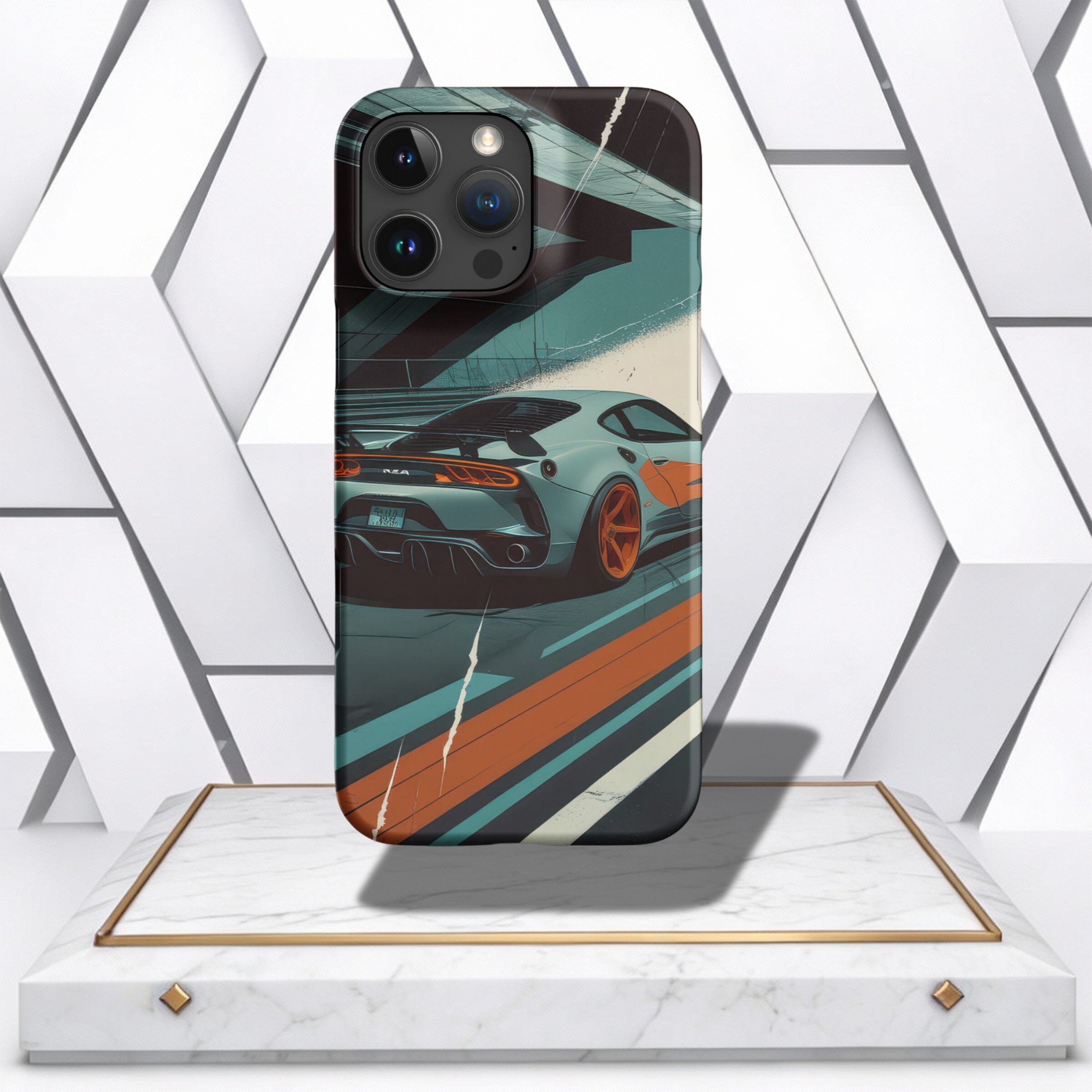 Coocosh Phone Case featuring a sleek sports car design. This case is made of durable materials and showcases an artistic graphic in shades of blue, orange, and gray. The phone case is showcased on a marble display. Perspective: Studio setting.