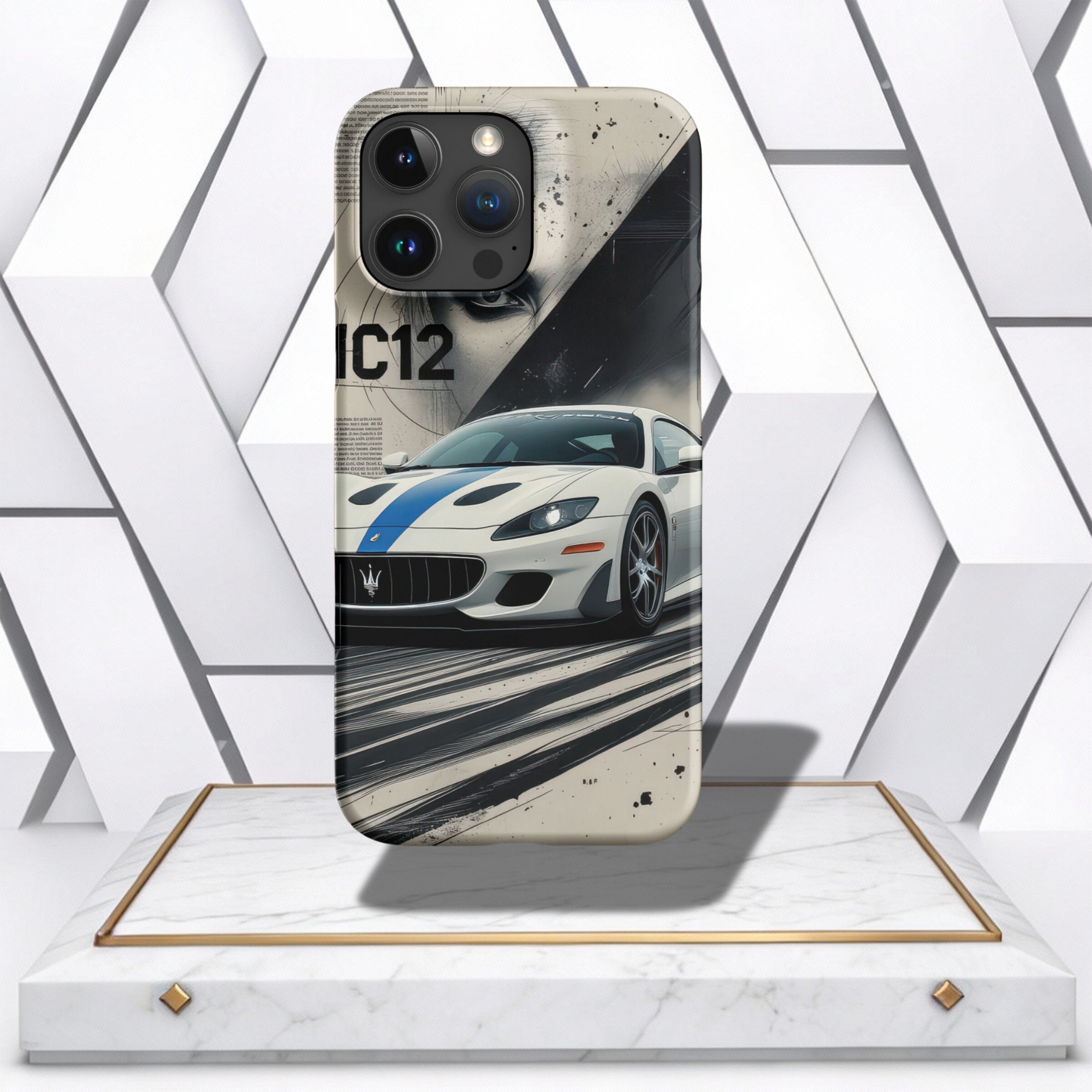 Coocosh phone case featuring an elegant Maserati MC12 design, made from quality materials in white and blue, perfect for combining style with device safety.