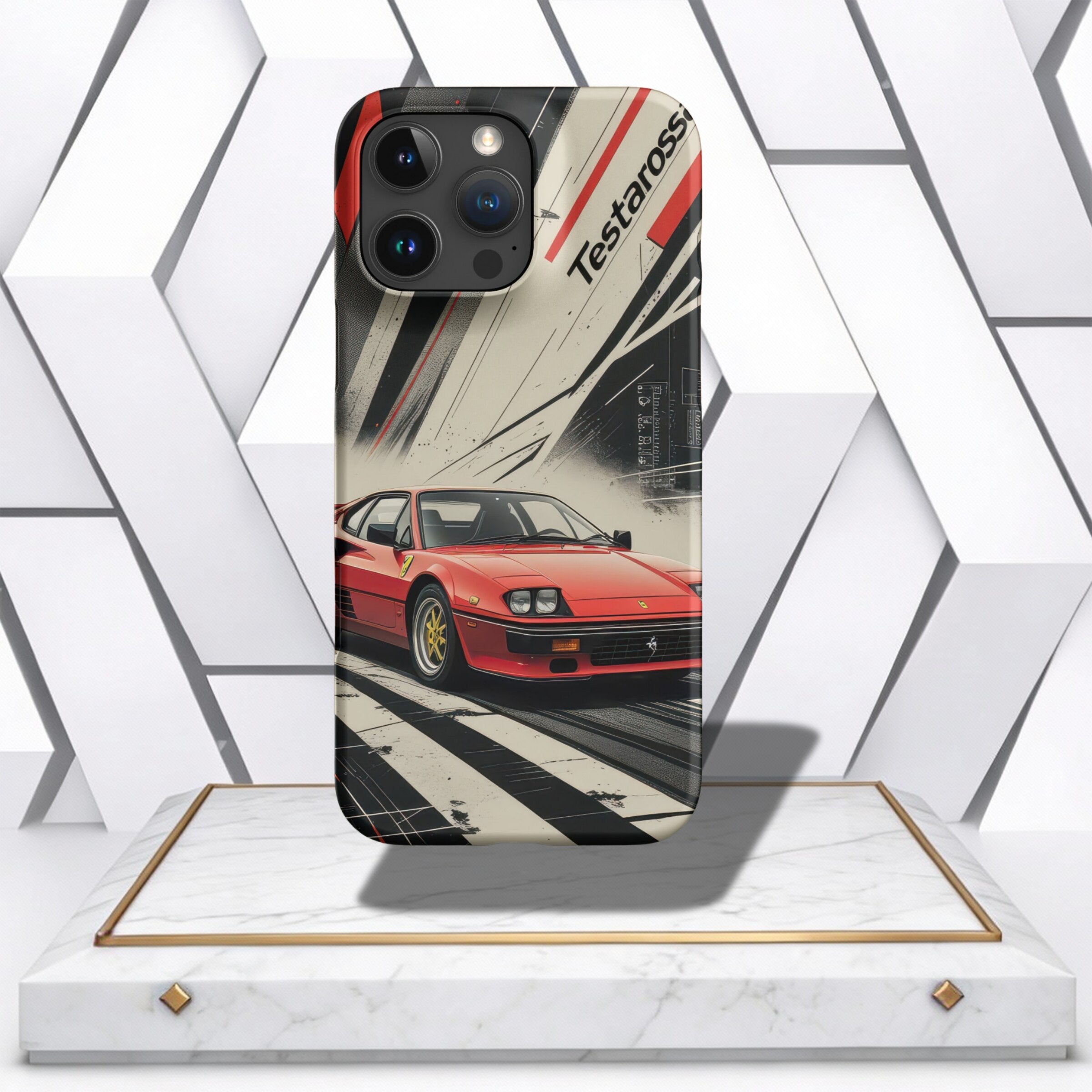 Coocosh phone case featuring a vibrant red Testarossa design, printed on a durable case that protects your phone while showcasing a classic car. Perfect for auto enthusiasts. Standard.