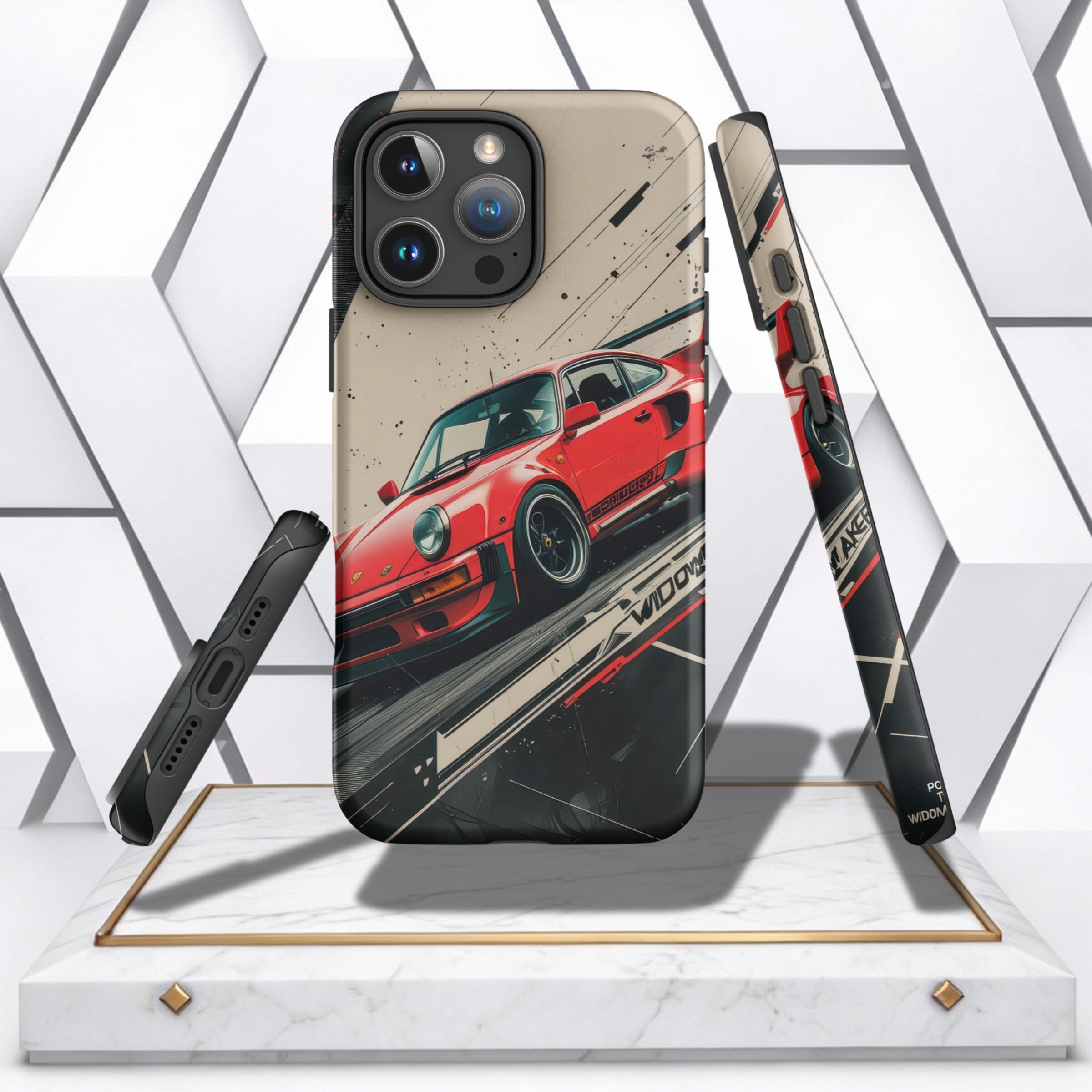 Coocosh iPhone Case featuring a red Porsche 911 with a vintage racing design. Durable phone protection with a matte finish, showcasing a classic automotive aesthetic from a dynamic angle. Period.