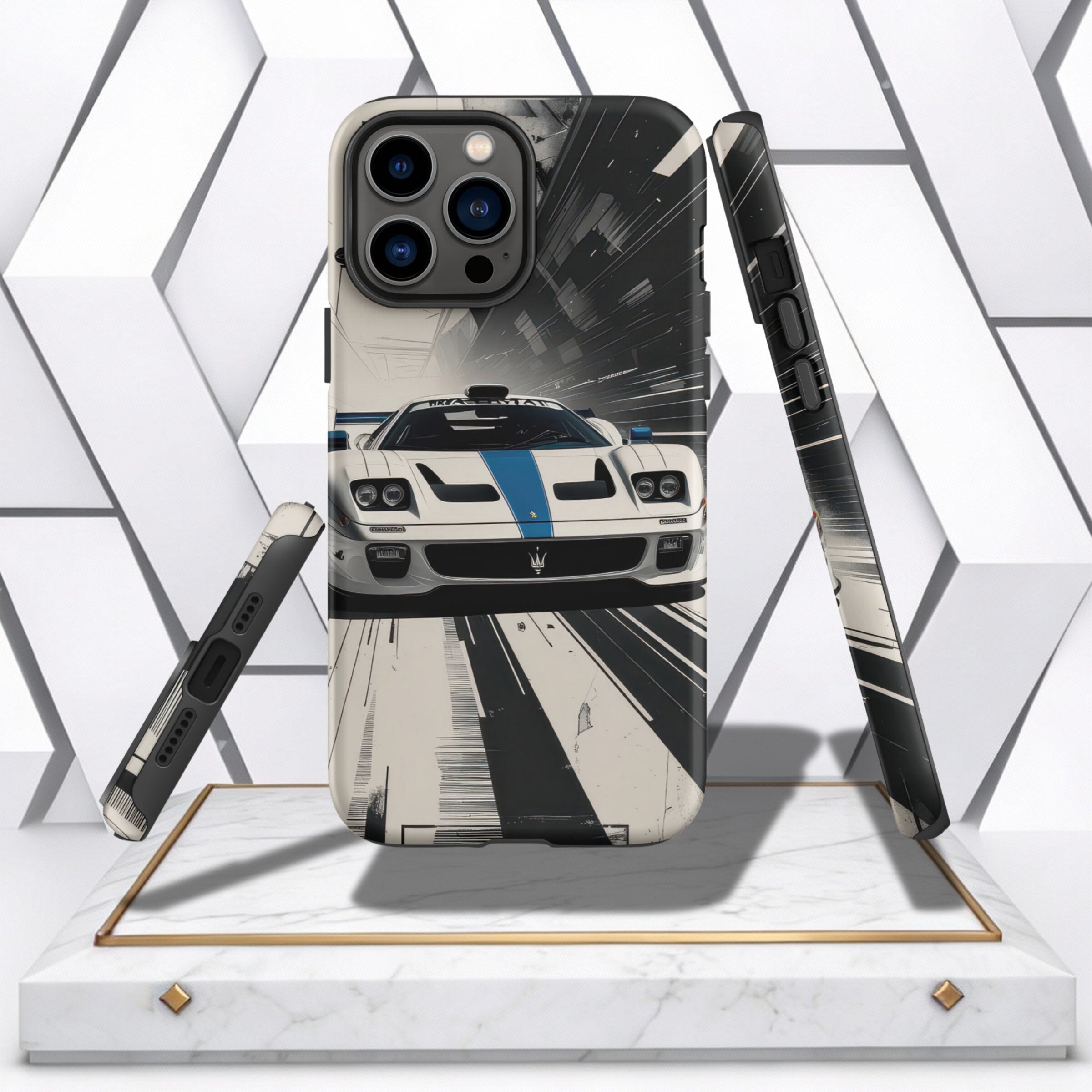 Coocosh iPhone case illustrating a white sports car on a dramatic black and white backdrop, offering impact-resistant features for protection, while elevating your phone's visual appeal.