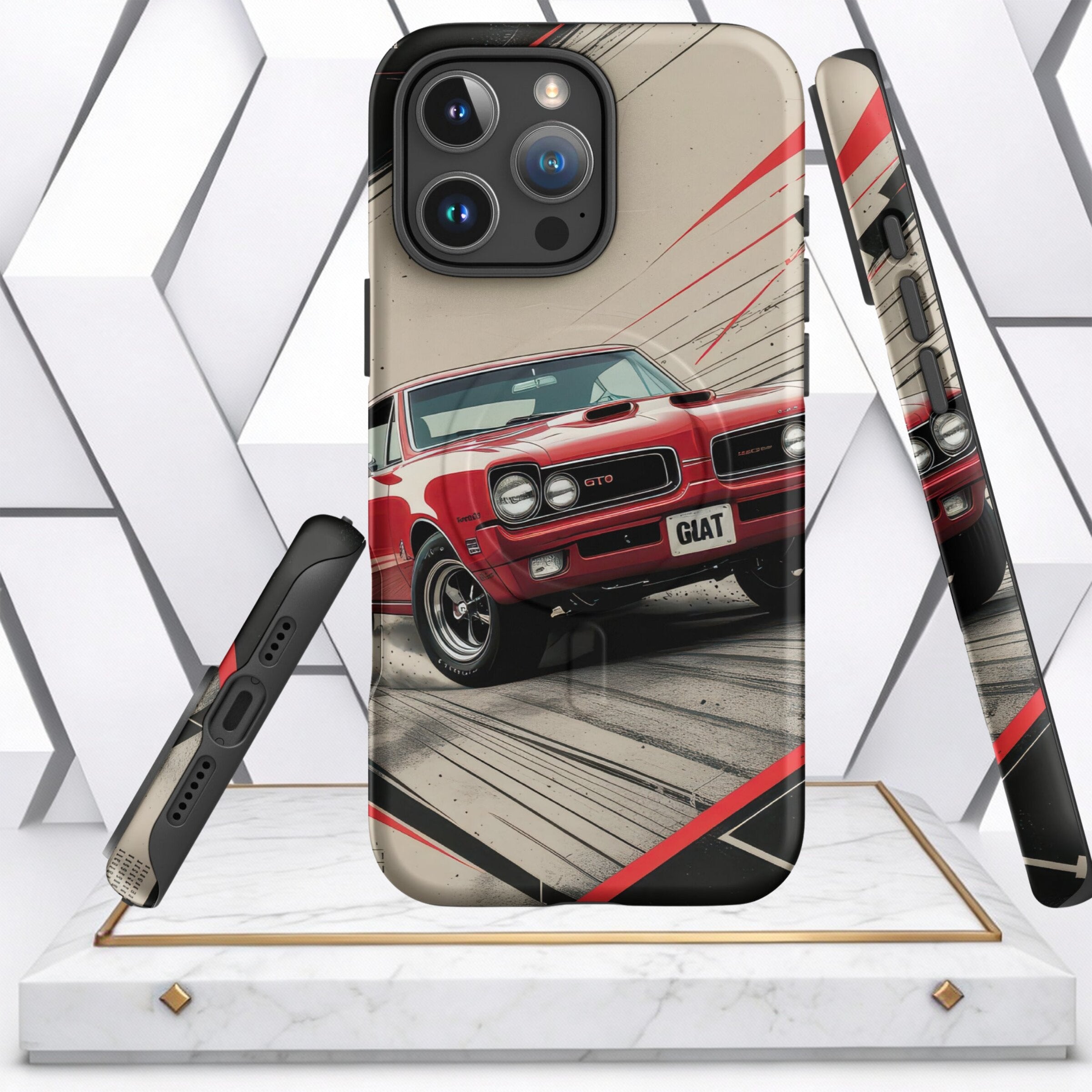 Coocosh Phone Case featuring a vintage red GTO muscle car design, with red and black accents, offering durable protection and a stylish look for your device. Sleek design.