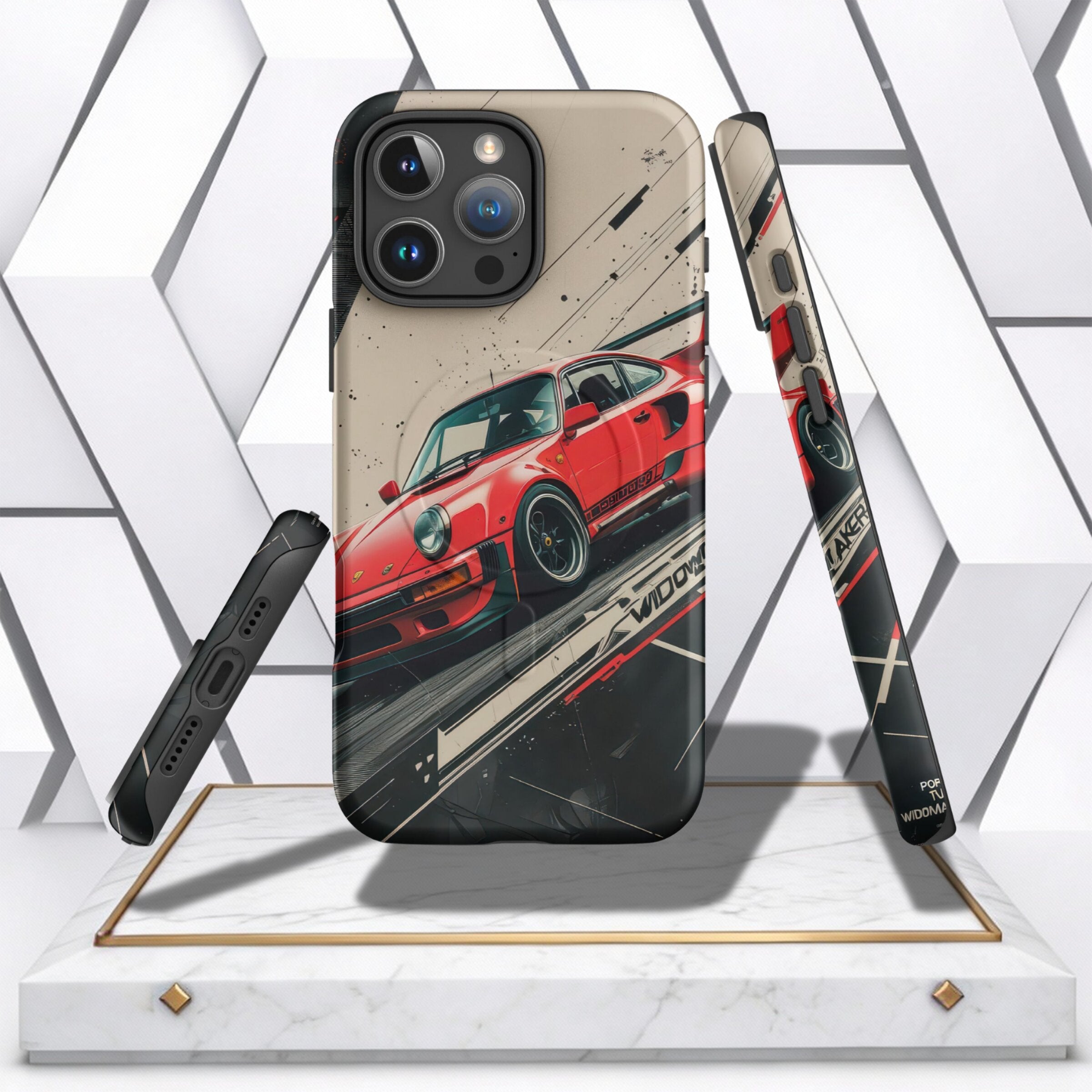 Coocosh phone case features a striking red sports car design against a modern, angular backdrop. The case, showcasing a blend of artistry and protection, offers full coverage. Its sleek profile complements the phone while adding a unique aesthetic appeal.