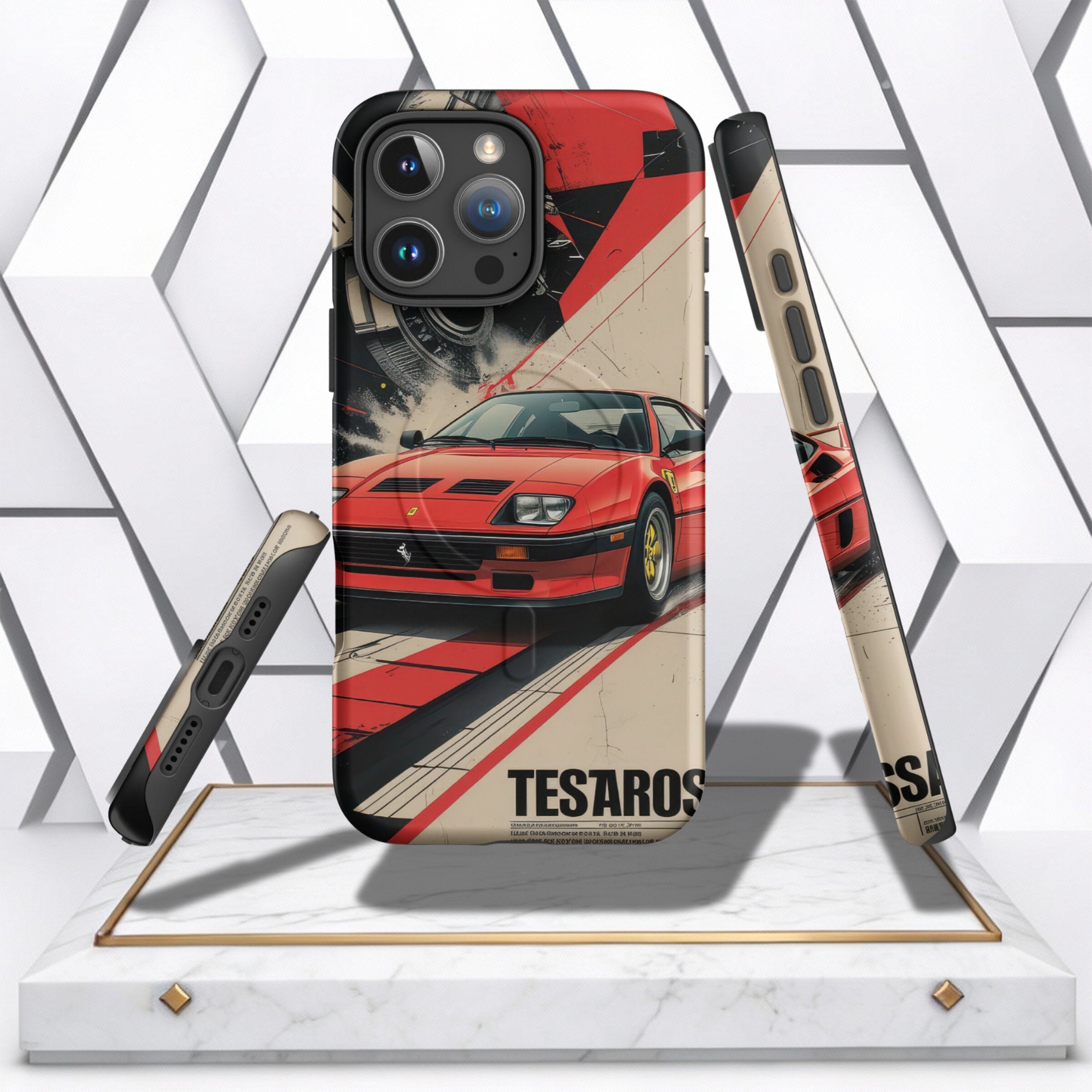 Coocosh Phone Case featuring a vintage Ferrari Testarossa design with red and black accents on a beige backdrop, displayed in a stylish studio setting. The phone case showcases a race car. The design has text.