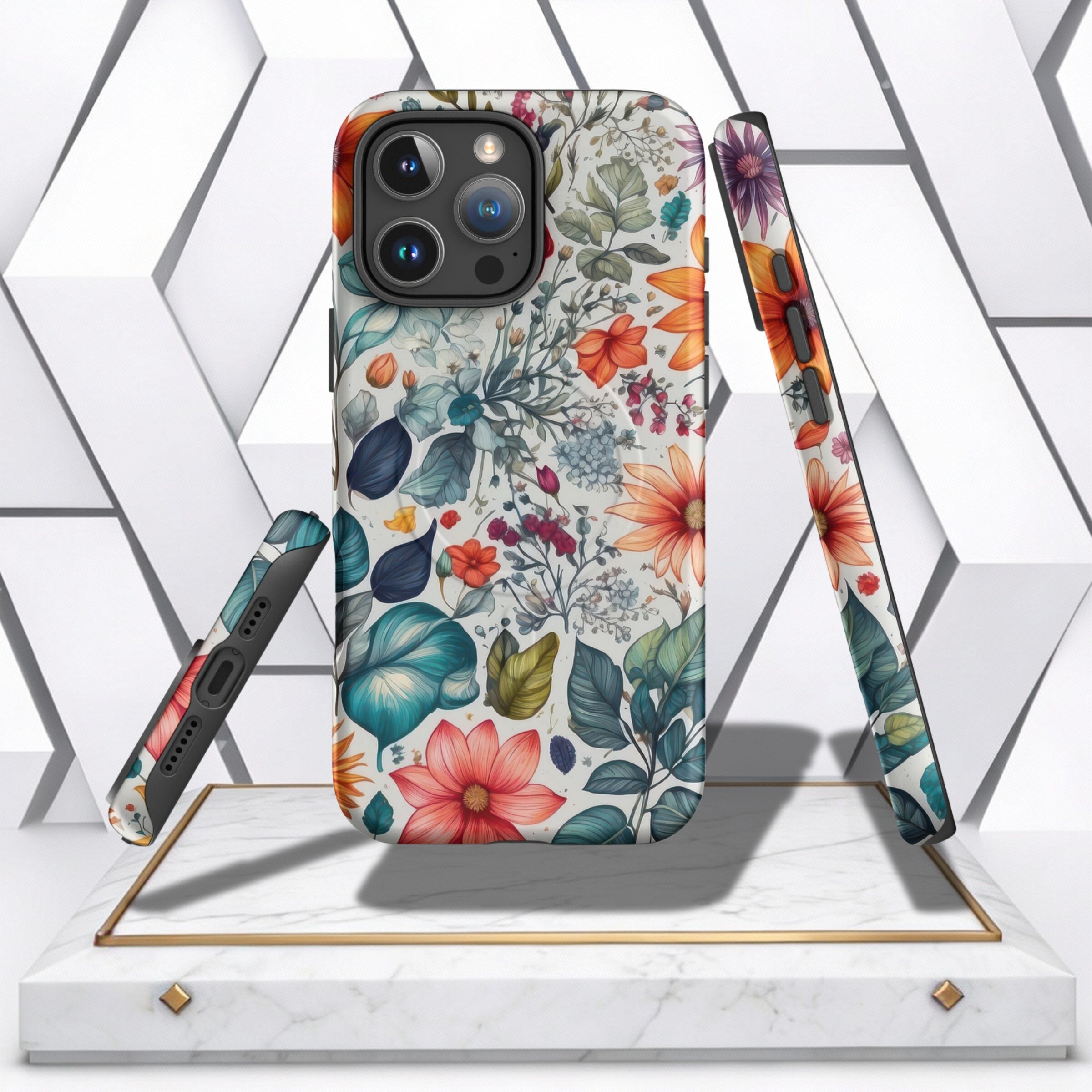 Coocosh Phone Case features a colorful floral design that adds a touch of nature to your device. The case is made of durable plastic to protect your phone from scratches and bumps and keeps your phone looking stylish. Standard variant, 3D perspective.