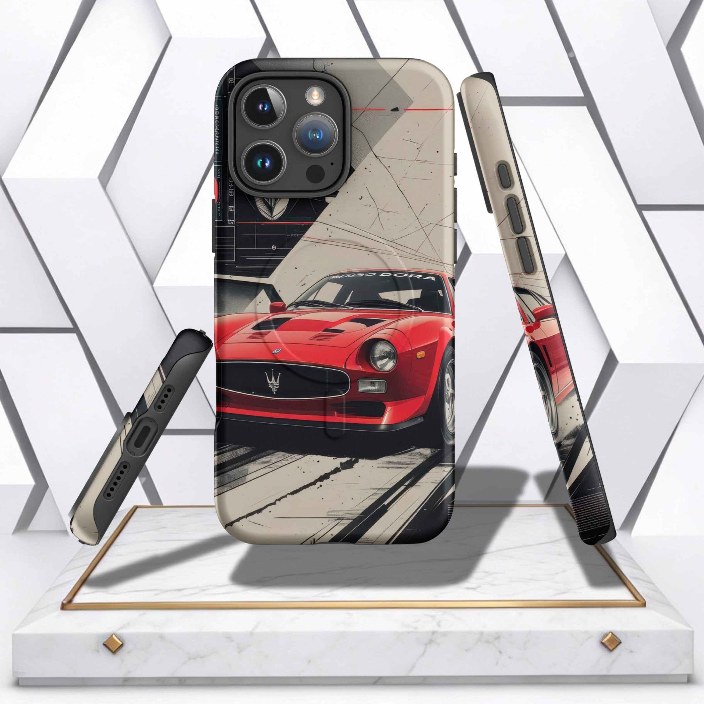 Coocosh phone case featuring a vibrant red Maserati car design for iPhone. Sleek, form-fitting protection in a unique automotive style, showcased on a marble display stand. A perfect blend of style and protection for your device, expressing your passion f