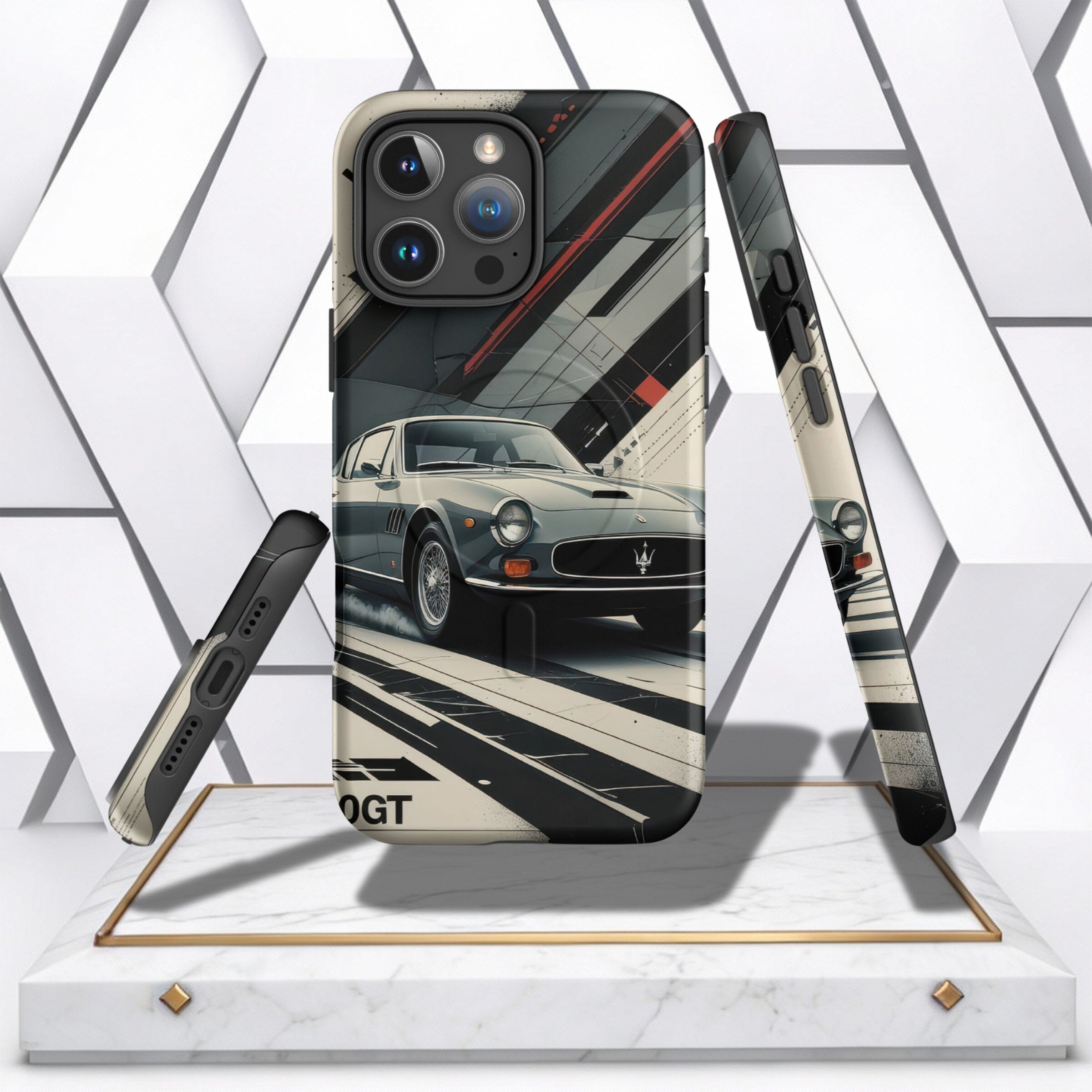 Coocosh phone case featuring a classic car design with geometric black and white accents and a touch of red, offering a modern and stylish look. The case protects from daily wear and tear and showcases a unique artistic perspective. The case is a standard