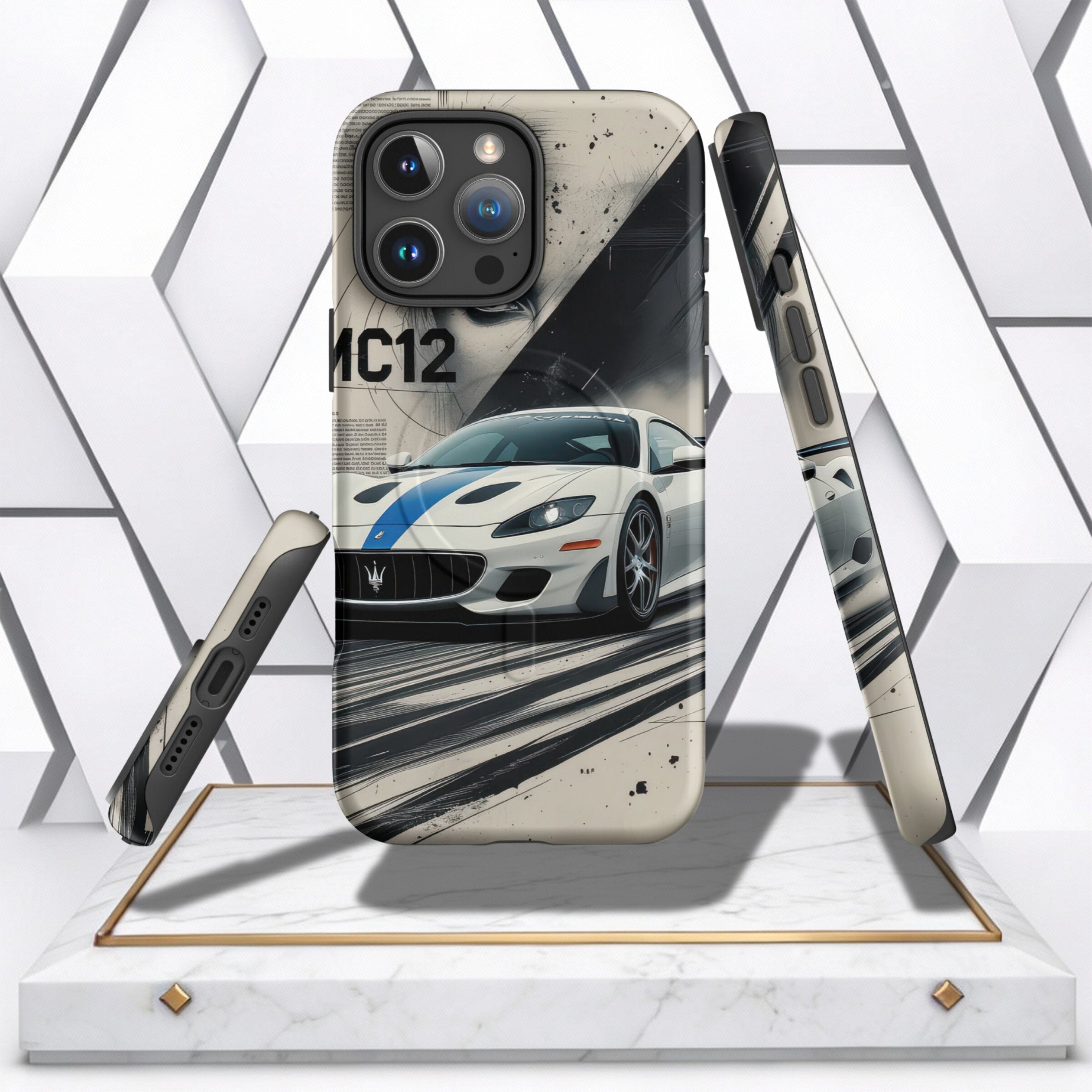 Coocosh phone case featuring a Maserati MC12 design, printed in high definition on a durable, slim-fit material, showing a dynamic, artistic side view of the racing car on display with a stand.